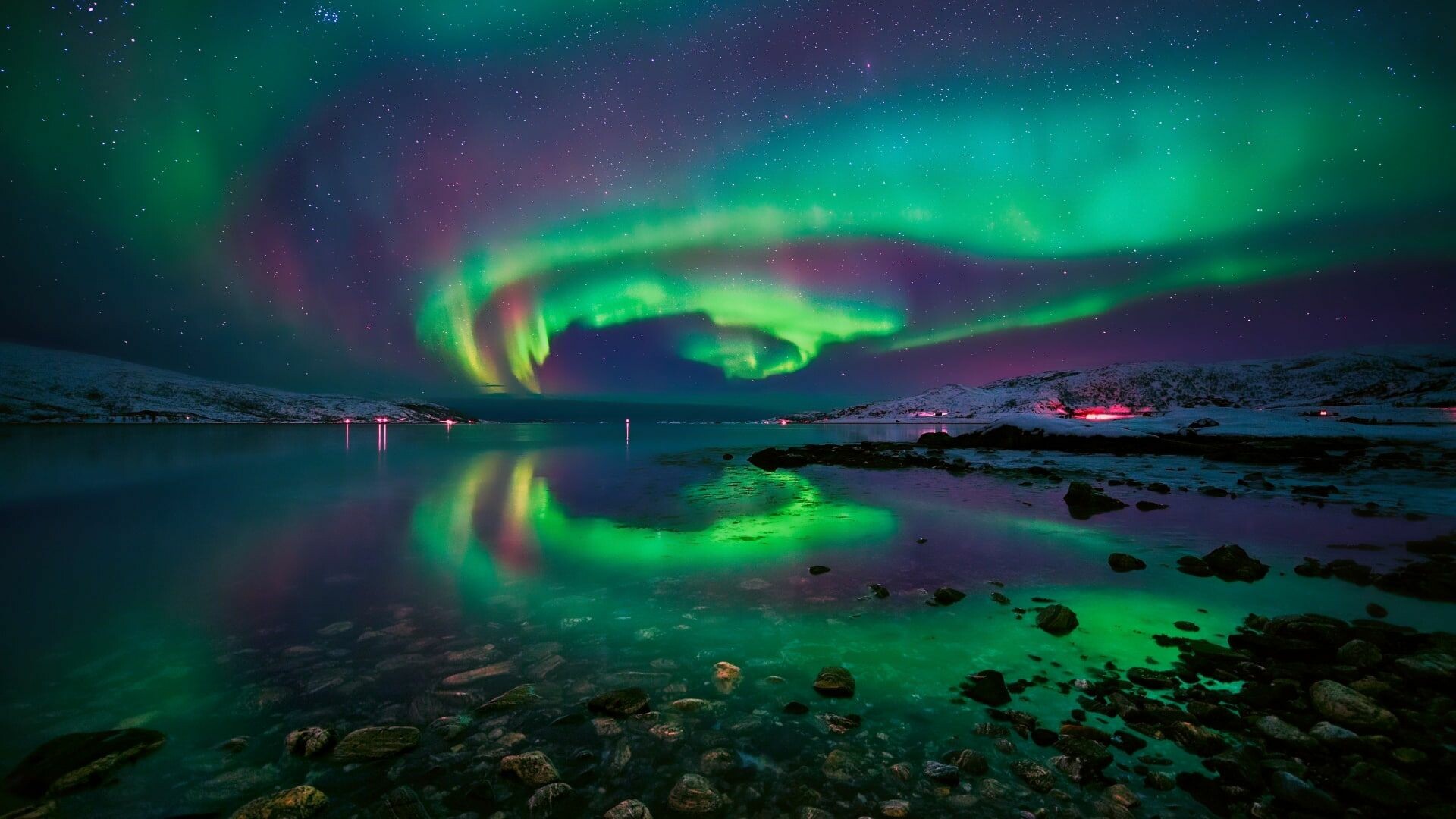 Aurora Borealis: Polar lights, Northern Hemisphere, Natural landscape. 1920x1080 Full HD Background.