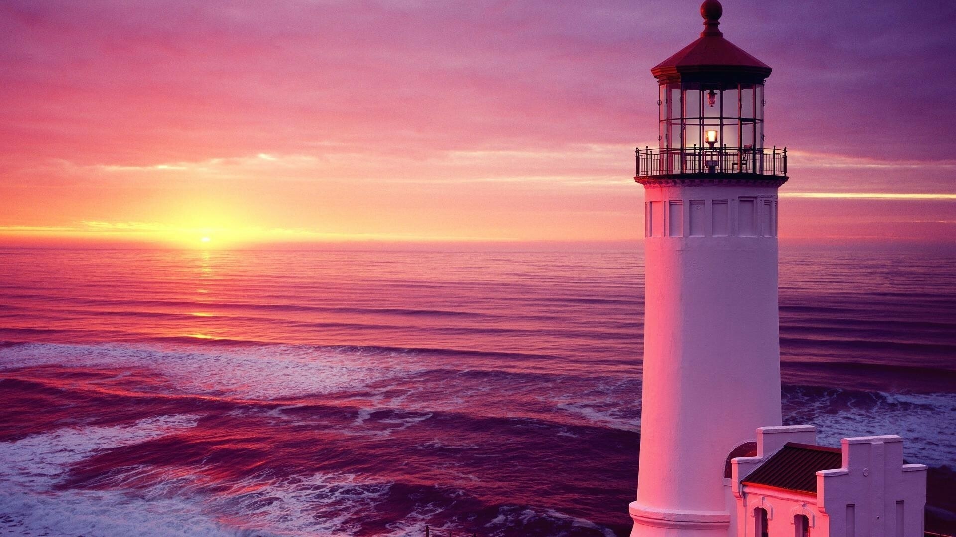 Sunset: The apparent descent of the sun below the horizon, Seascape, Lighthouse. 1920x1080 Full HD Background.