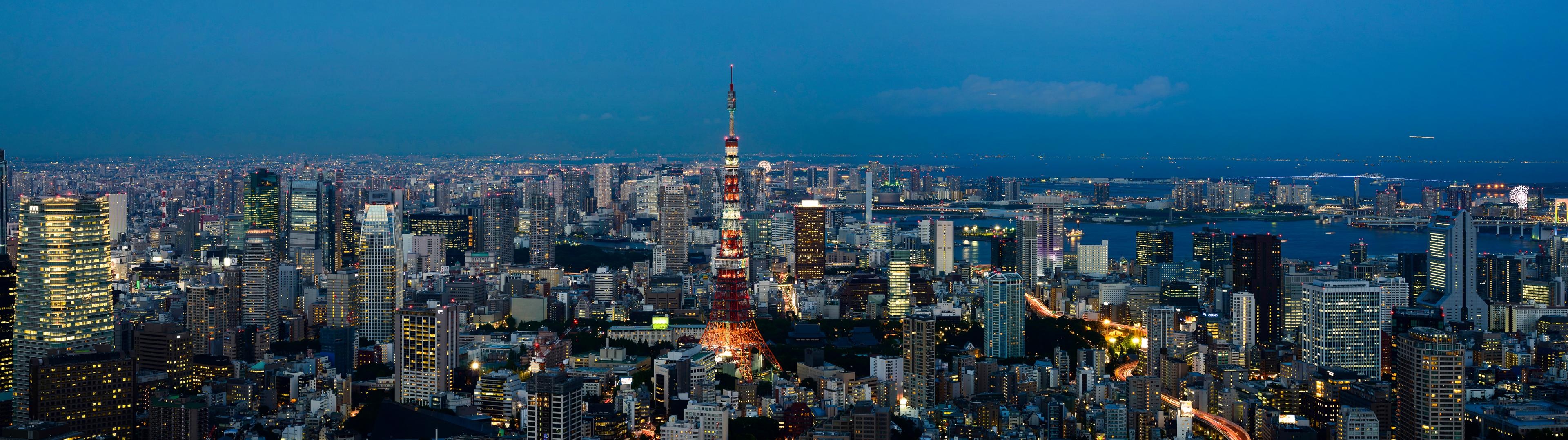 Tokyo Tower, Iconic landmark, Urban skyline, Japan's capital, 3840x1080 Dual Screen Desktop