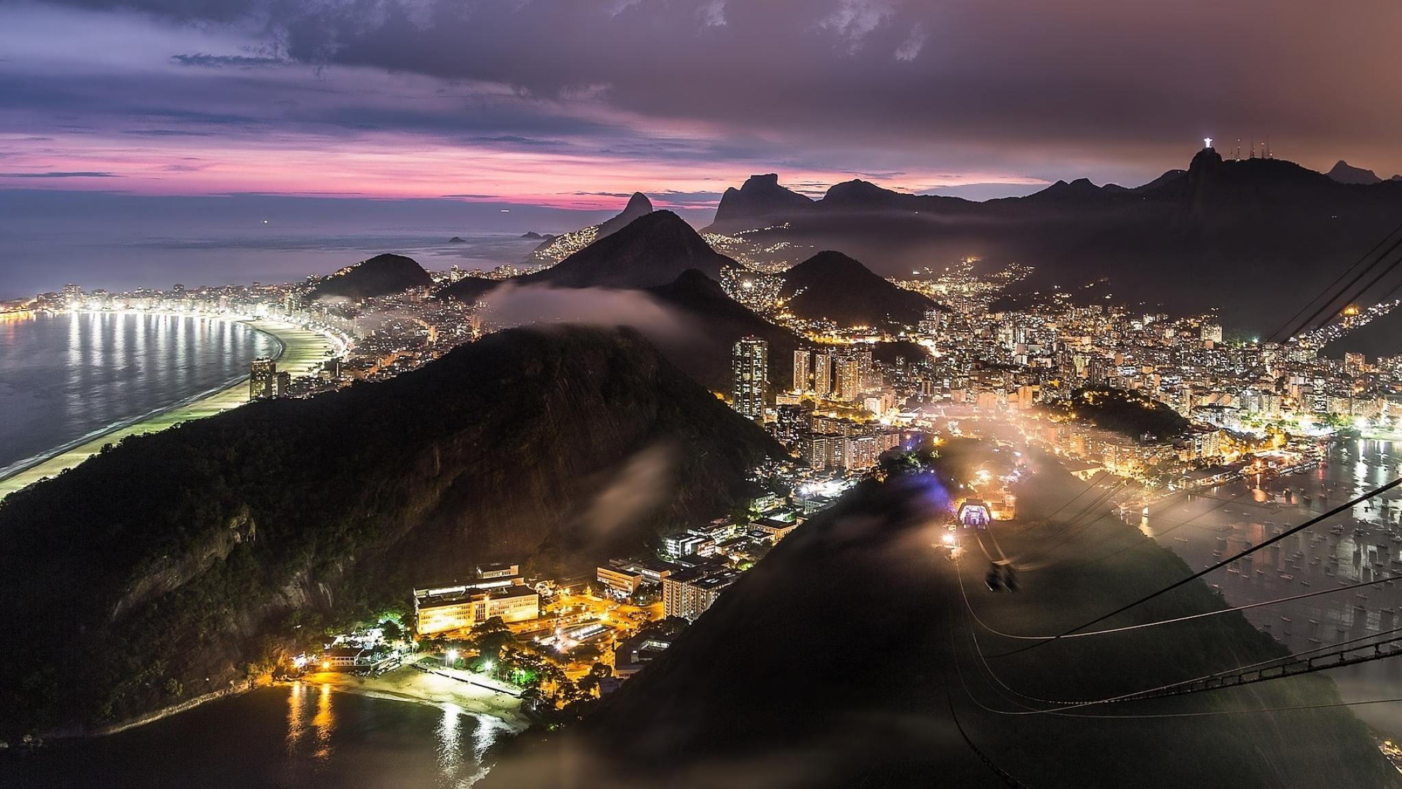 Rio de Janeiro, Mountains, Sea, Nighttime scenery, 2050x1160 HD Desktop