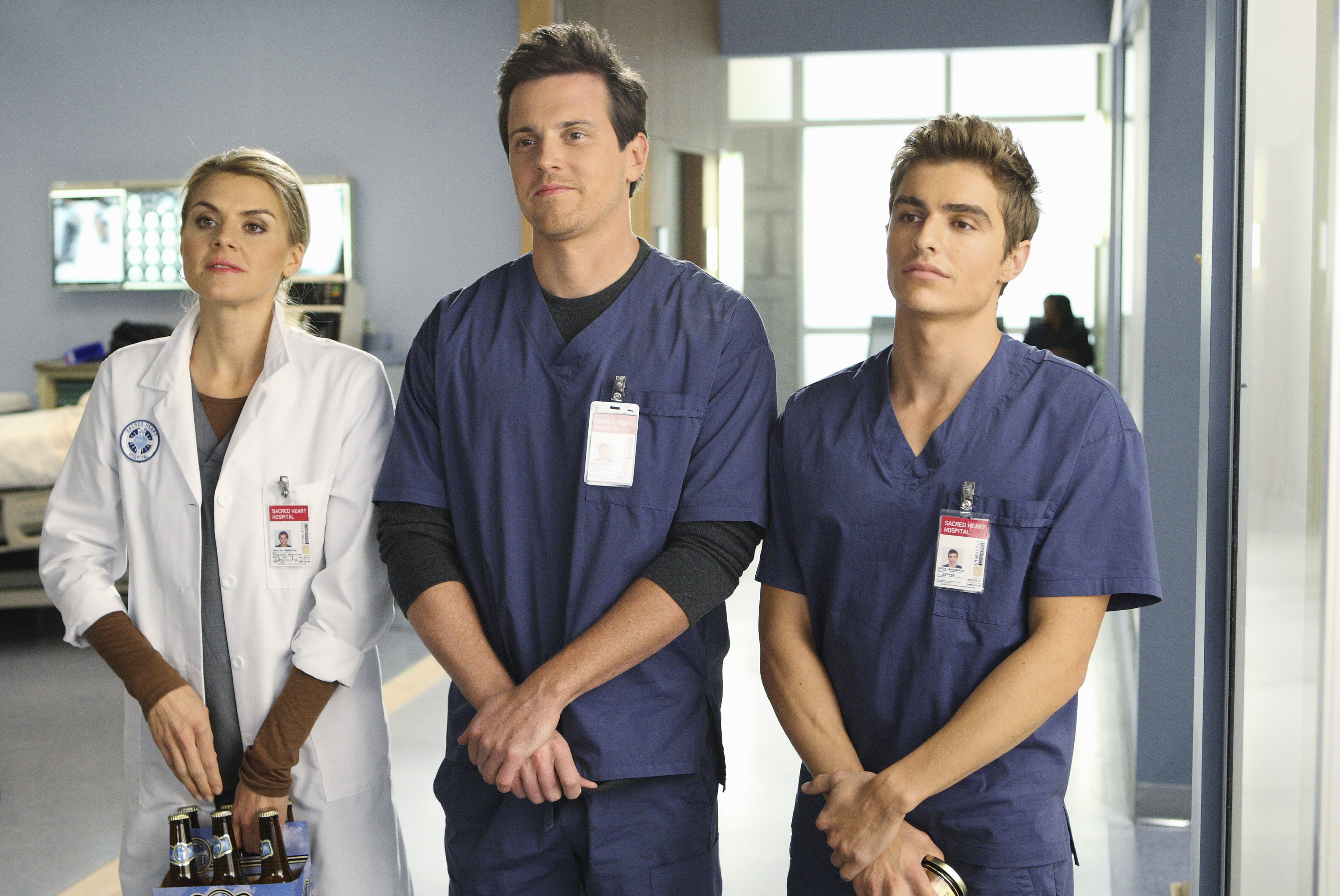 Scrubs (TV Series): Dave Franco as Cole Aaronson, Michael Mosley as Drew Suffin, Eliza Coupe as Denise Mahoney. 3000x2010 HD Background.