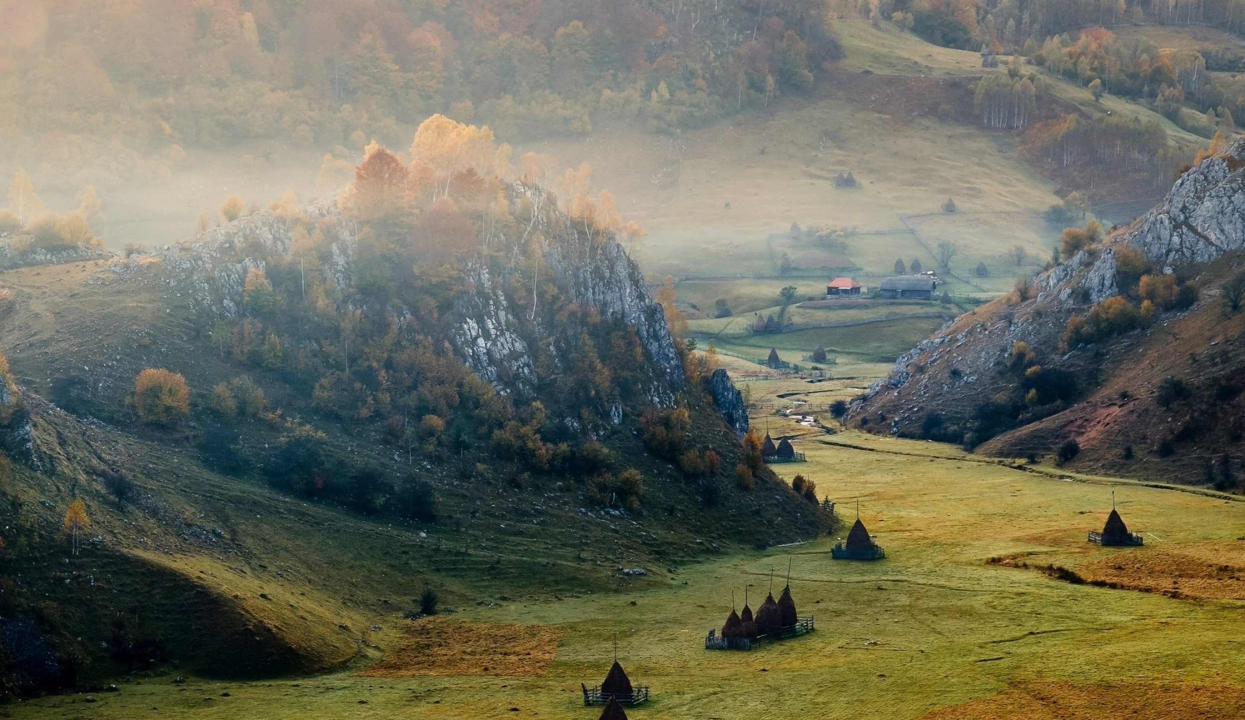 Sunrise mountain valley, Romania, Cliff mist, Forest villages, 2500x1450 HD Desktop
