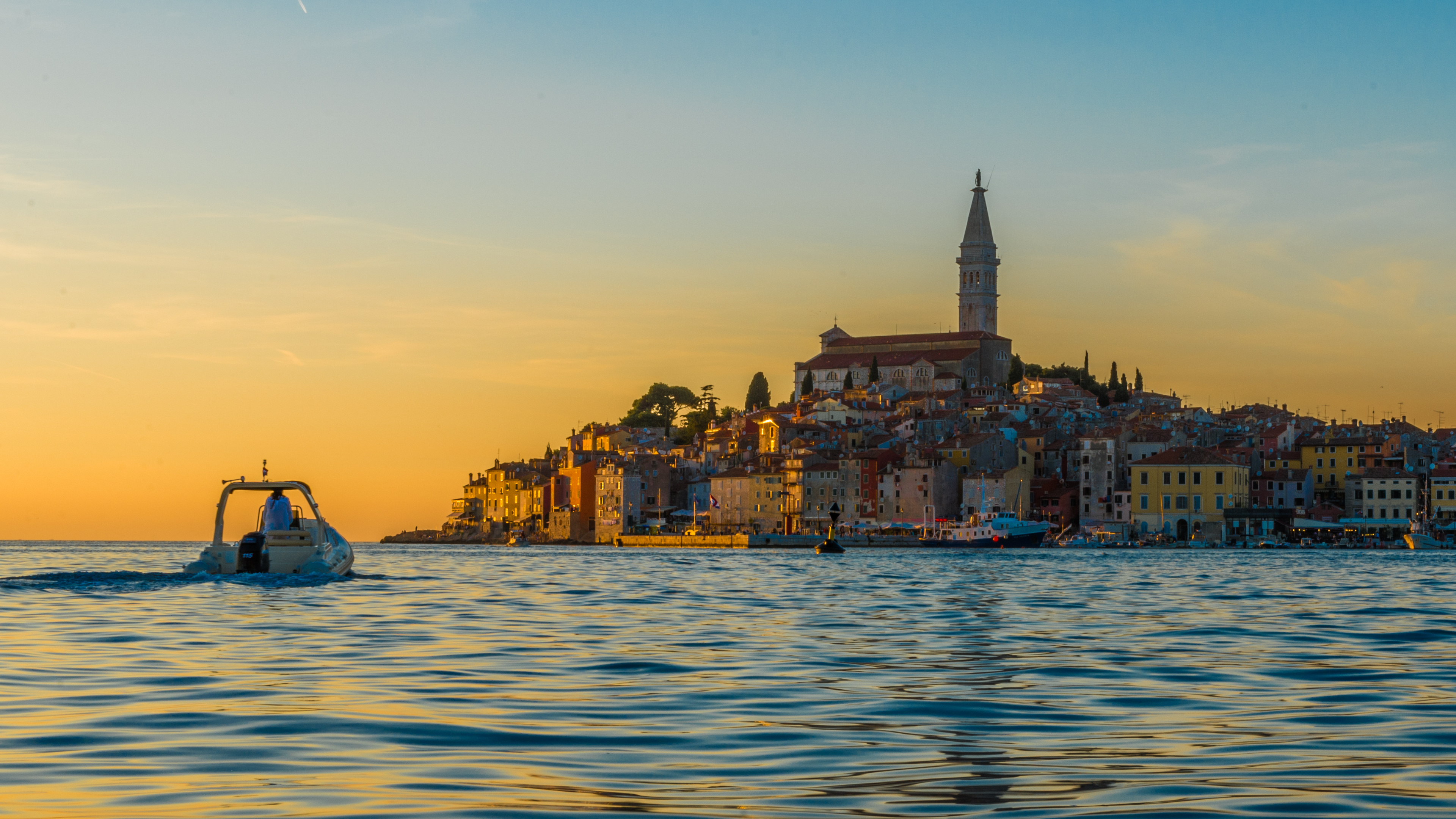 Adriatic Sea, Blue sunset beauty, Church by the sea, Marina charm, 3840x2160 4K Desktop