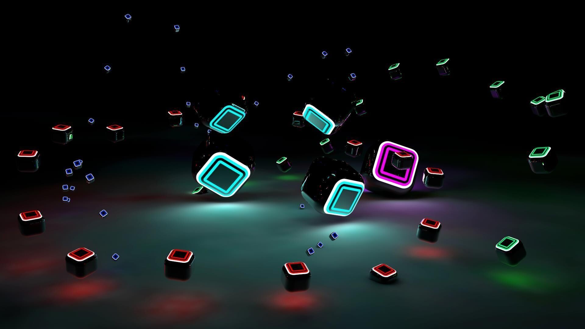 Glow in the Dark: Neon rectangles, Abstract, 3D art. 1920x1080 Full HD Background.