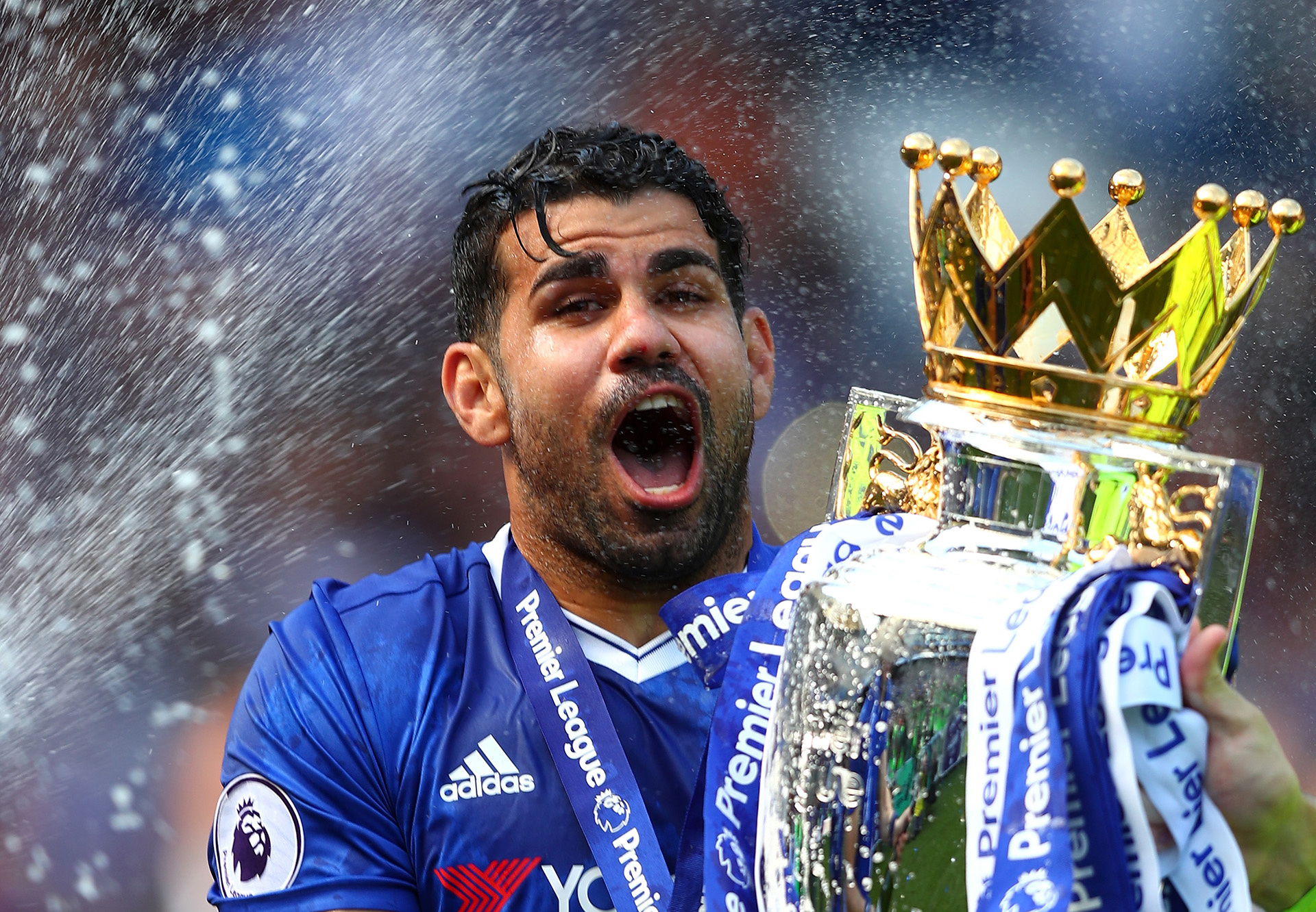 Diego Costa: Chelsea player, Celebrating with the Premier League Trophy after the Premier League match between Chelsea and Sunderland, Stamford Bridge, May 21, 2017, London, England. 1920x1340 HD Wallpaper.