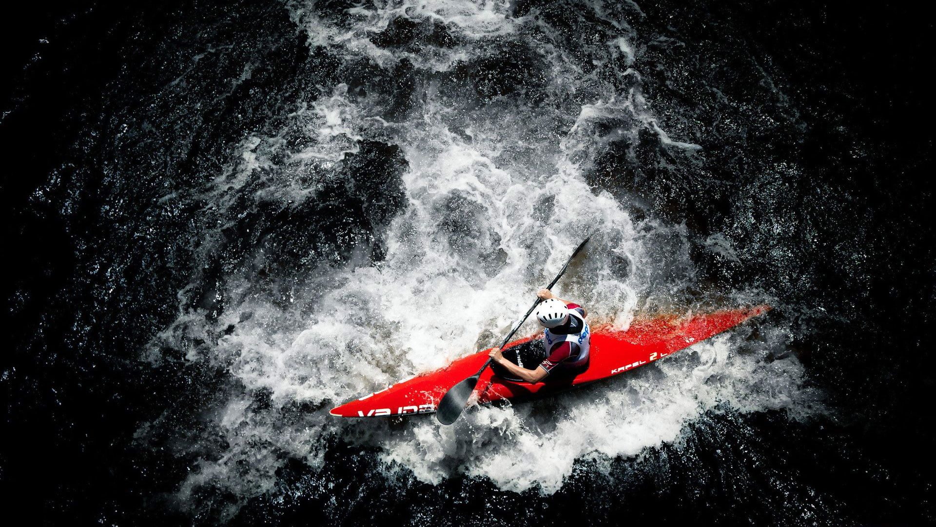 Canoeing: Monochrome whitewater kayaking, A boating activity of a high risk. 1920x1080 Full HD Background.