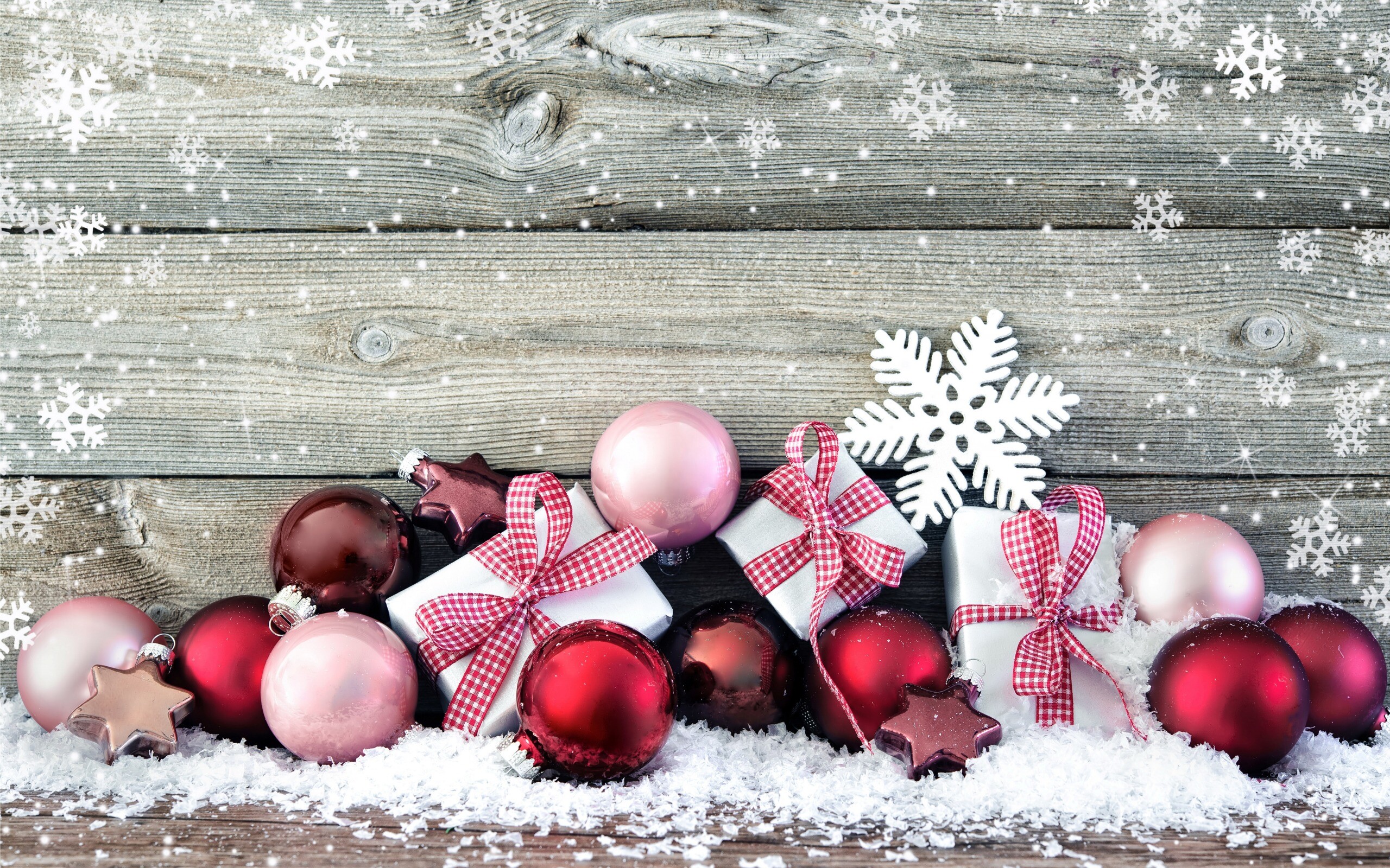 Christmas Ornament: Red Xmas decorations, Wooden wall, Snow. 2560x1600 HD Wallpaper.