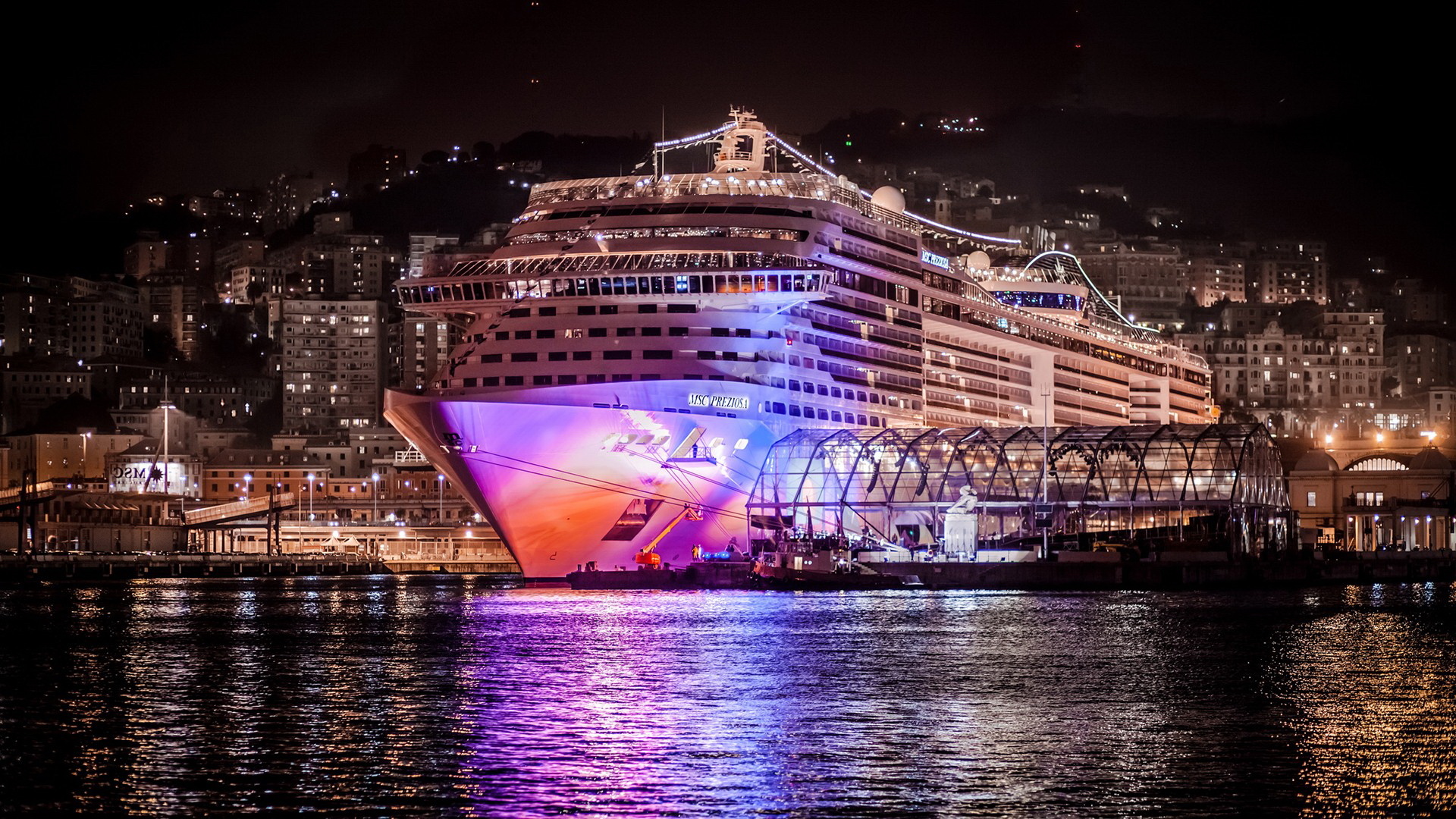 Cruiser (Ship): MSC Preziosa, Fantasia-class, A capacity of 3,502 passengers. 1920x1080 Full HD Wallpaper.
