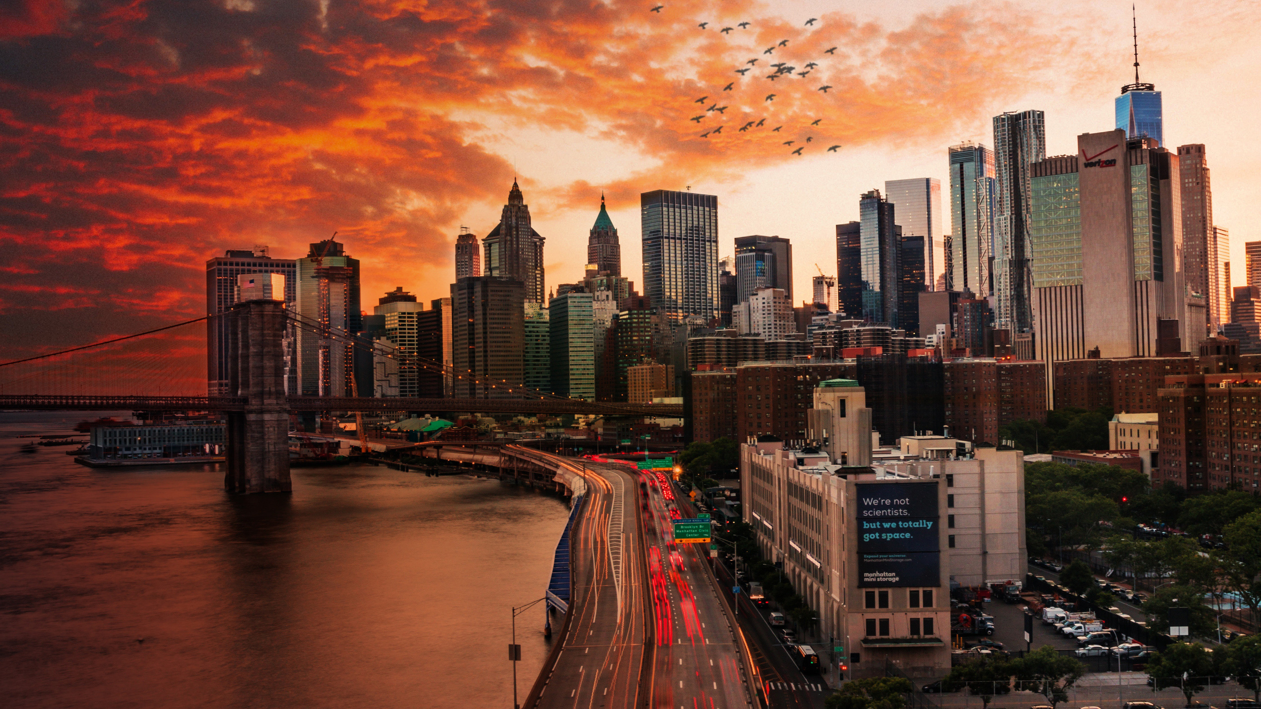 Manhattan Bridge, Sunset silhouette, Vibrant cityscape, Breathtaking views, 2560x1440 HD Desktop