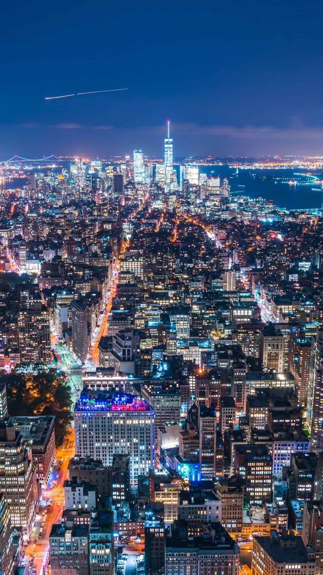 New York: NY skyline, Aerial view, Nightscape. 1080x1920 Full HD Background.