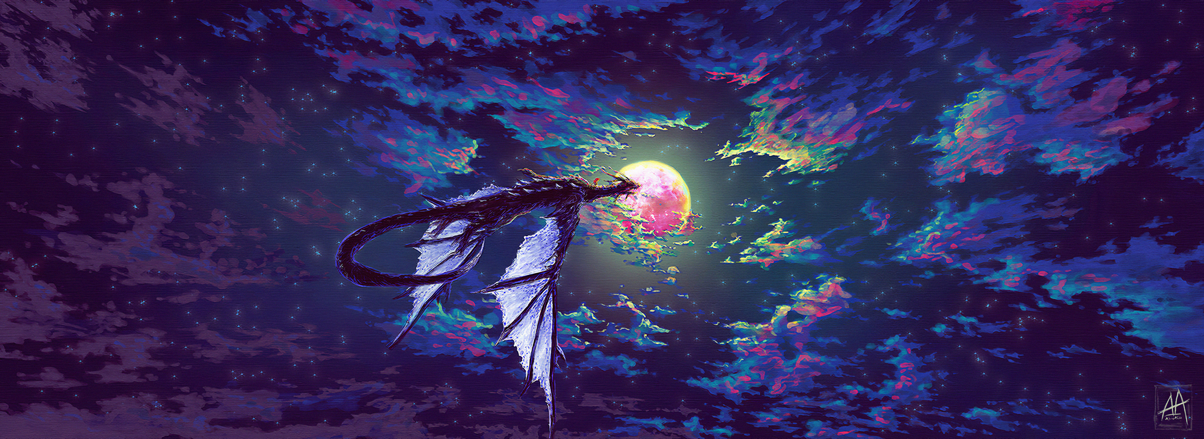 Abstract dragon, Majestic creature, Skyward gaze, Artistic creation, 3840x1400 Dual Screen Desktop