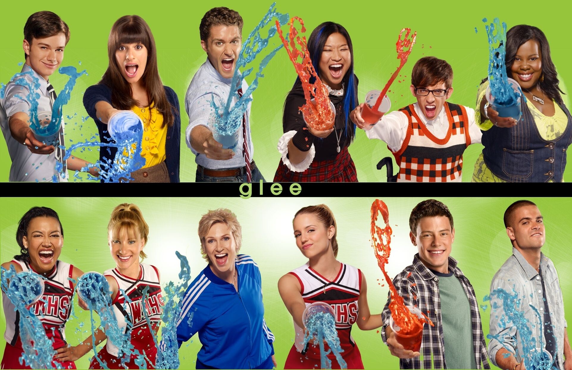 Glee (TV series): Kevin McHale as Artie Abrams, Lea Michele as Rachel Berry, Heather Morris as Brittany Pierce. 1930x1250 HD Background.