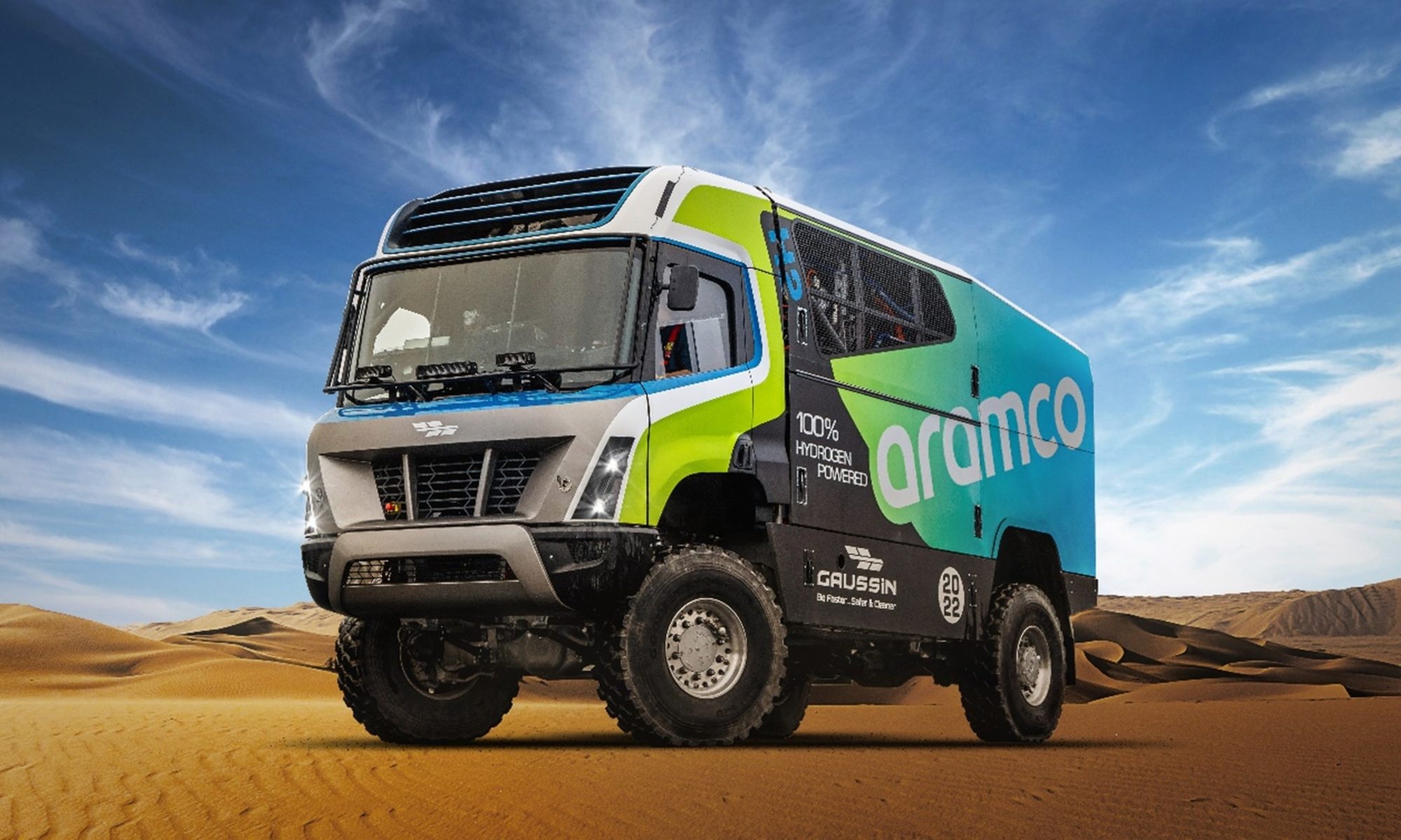 Dakar Rally: Hydrogen-powered trucks, Saudi Arabia, January 2022, The Gaussin hydrogen truck. 2000x1200 HD Background.