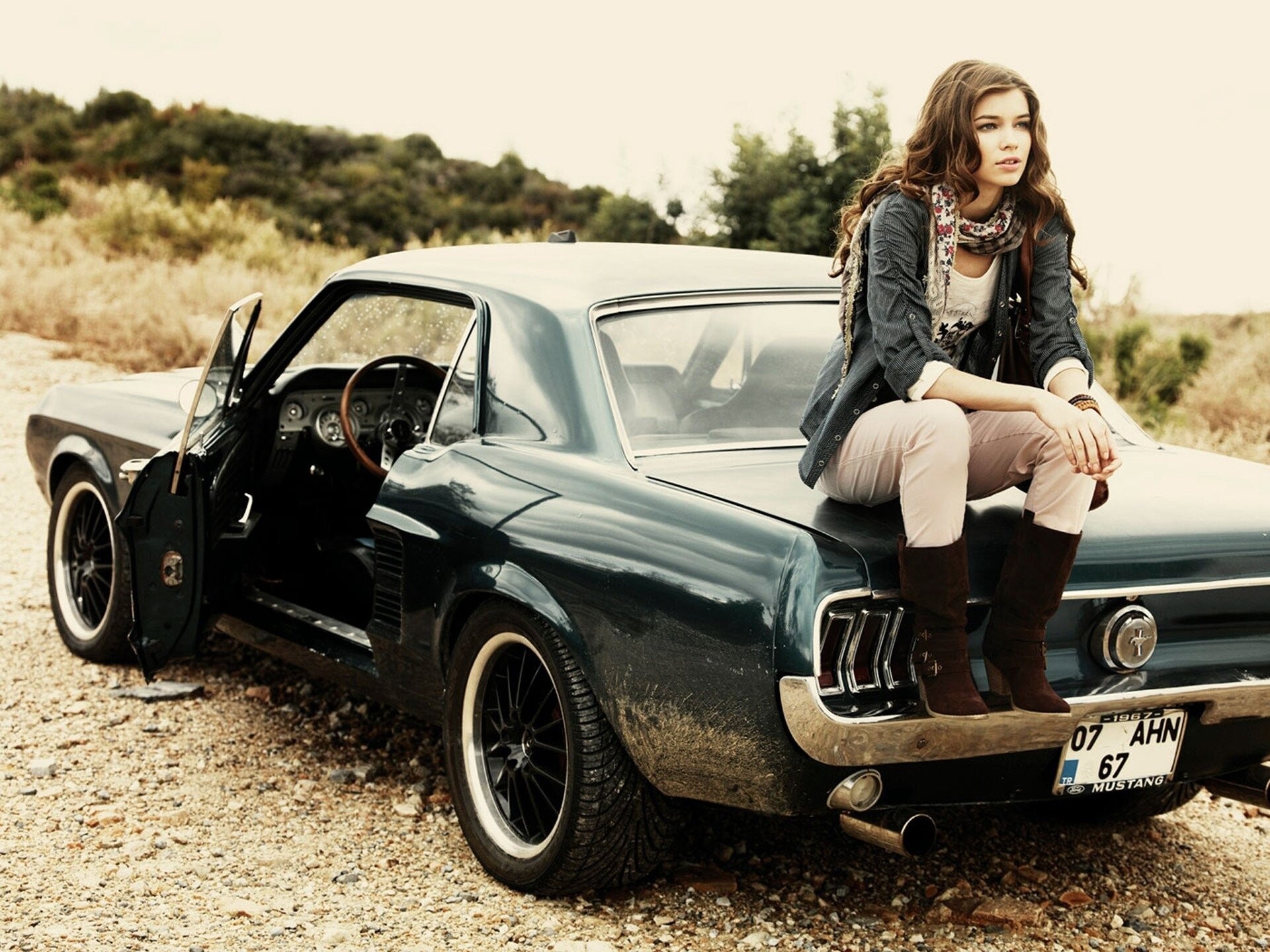Girls and Muscle Cars: Ford Mustang 1967, A two-door sports coupe, Off-roading, Driving through muddy terrain. 1920x1440 HD Background.