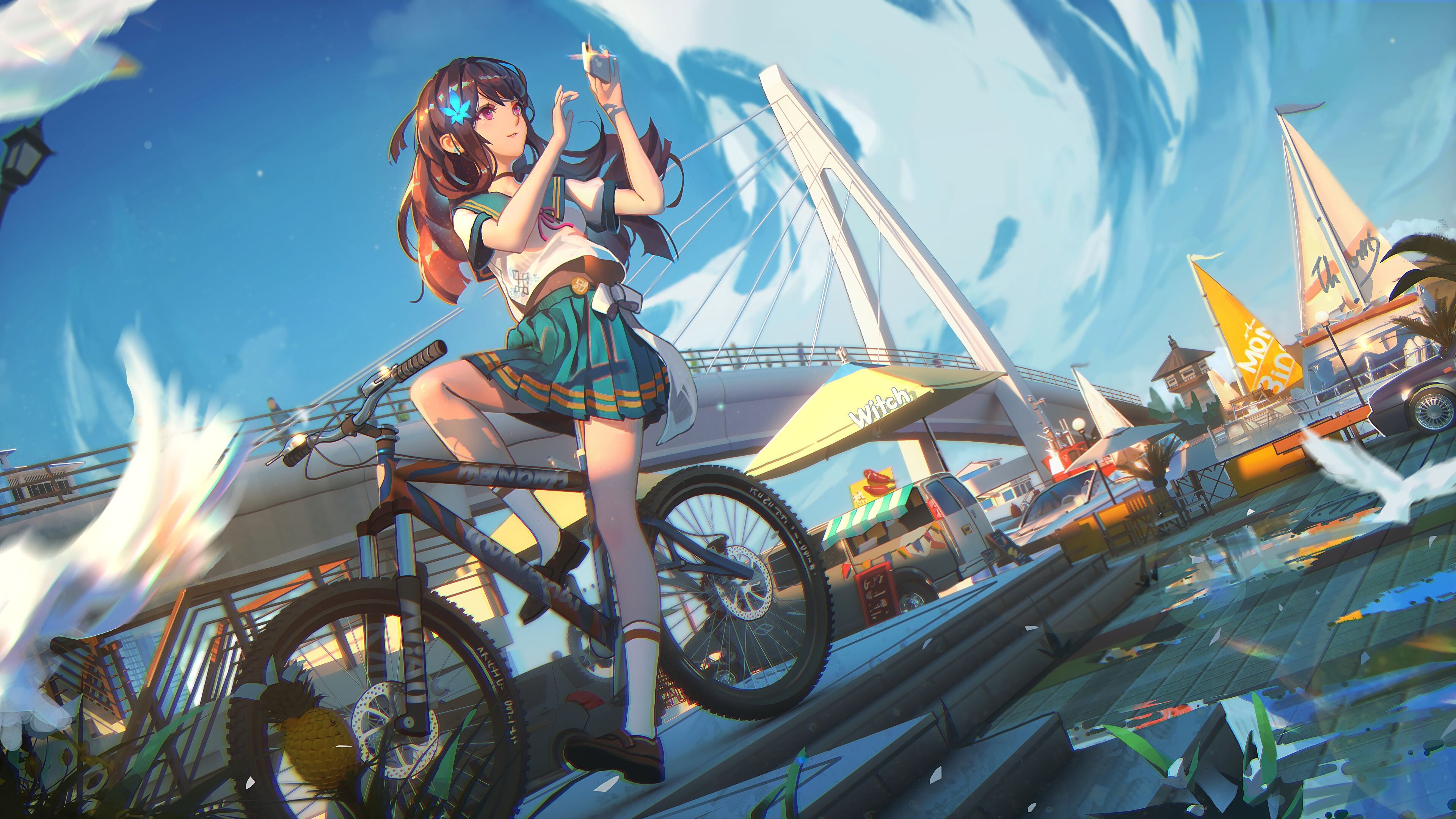 Girl and Bike: Anime girl, Student girl on a bicycle, Cycling in the city, School uniform. 3840x2160 4K Background.