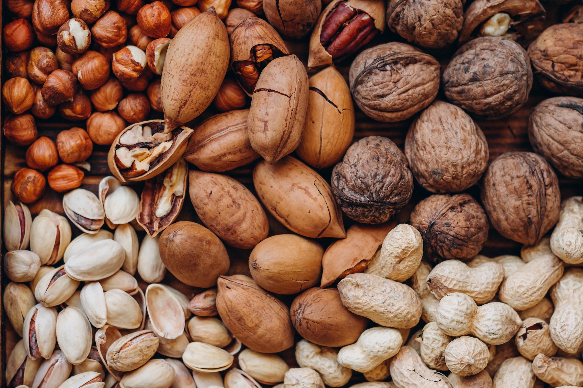 Nuts: Pecan seeds, Edible, with a rich, buttery flavor. 2000x1340 HD Background.