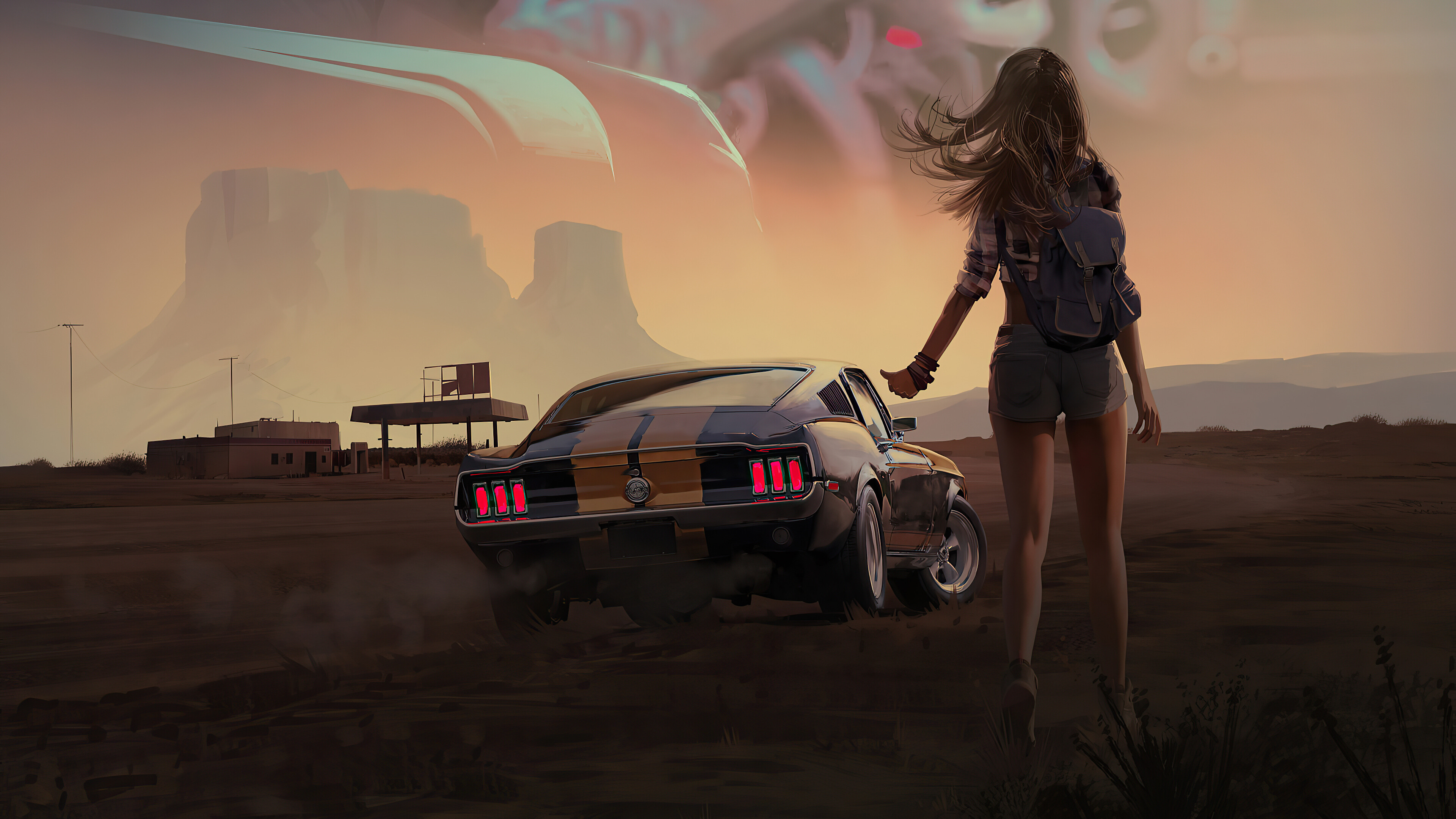 Girls and Muscle Cars: Ford Mustang GT Fastback 1965, Hitchhiking, The woman standing at the edge of a road. 3840x2160 4K Background.