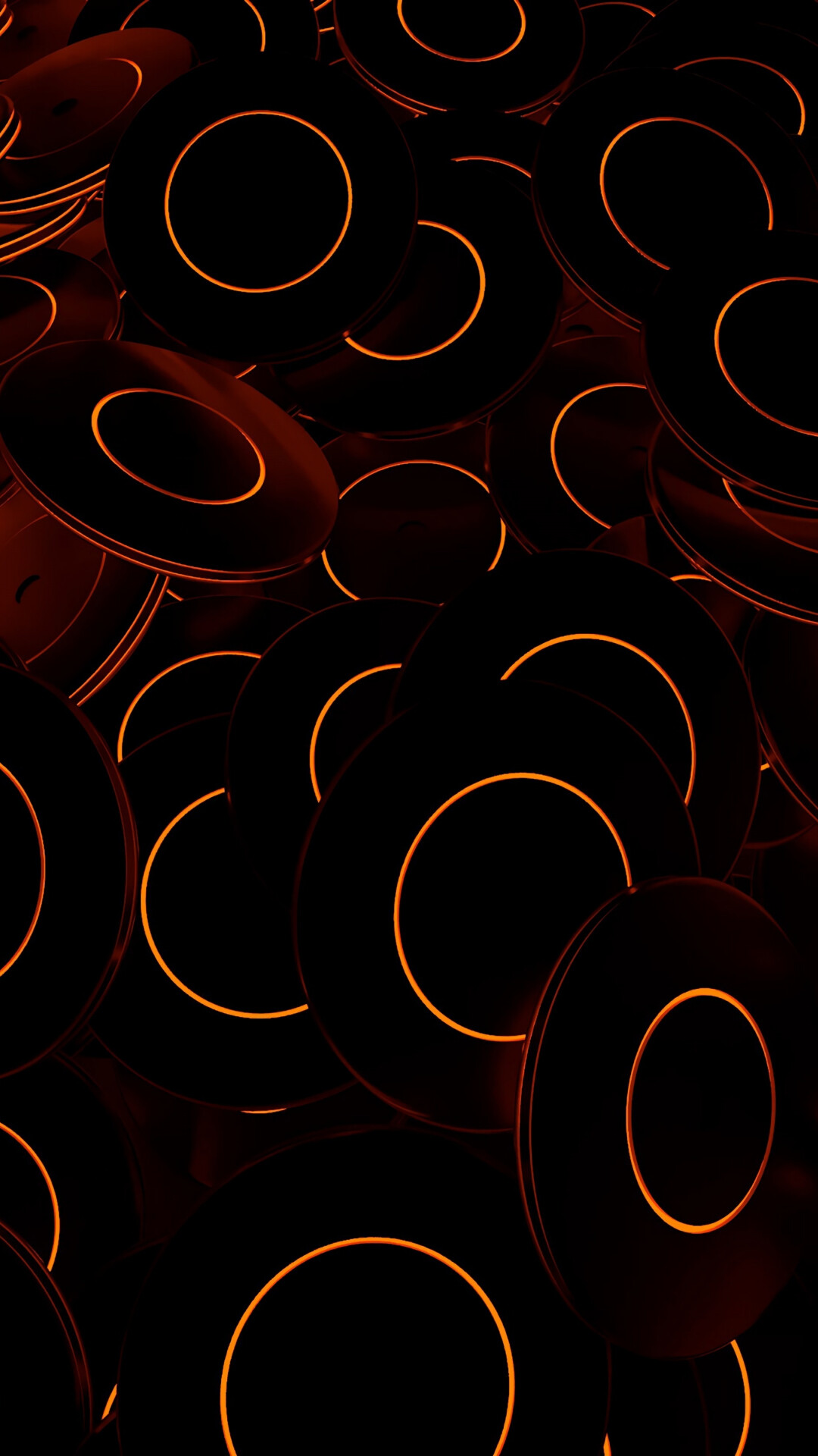 Glow in the Dark: Glowing disks, Neon lines, Abstract, Symmetry, Pattern. 1080x1920 Full HD Background.