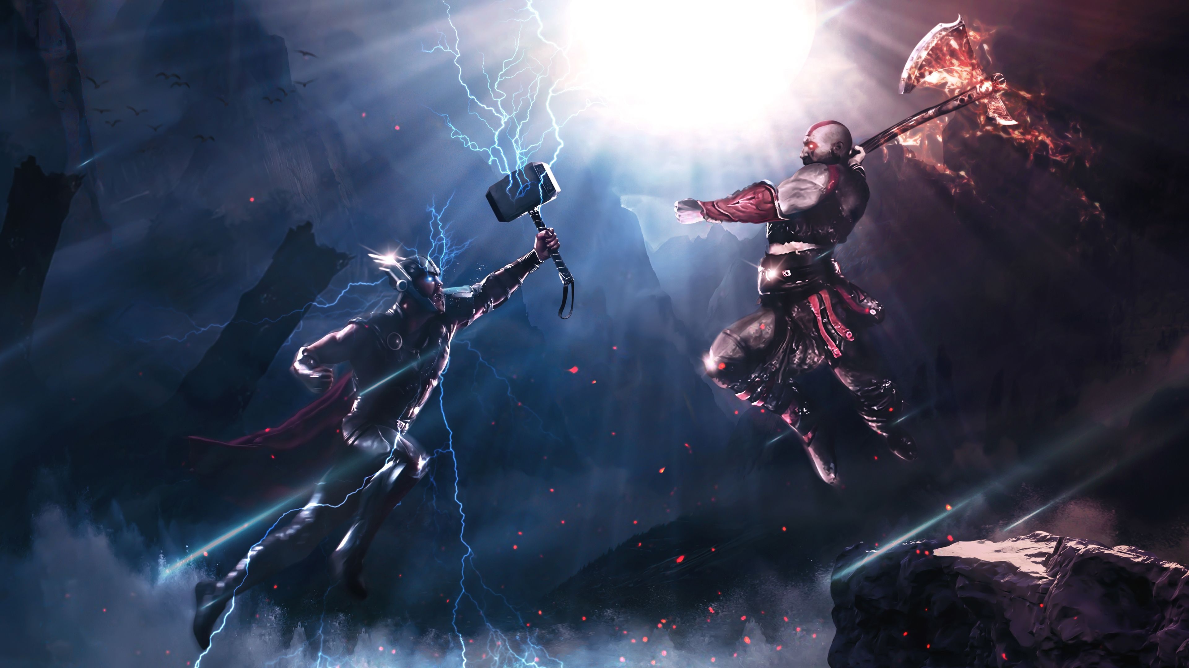 Thor vs Kratos, Superheroes wallpapers, Digital art, God of War, 3840x2160 4K Desktop