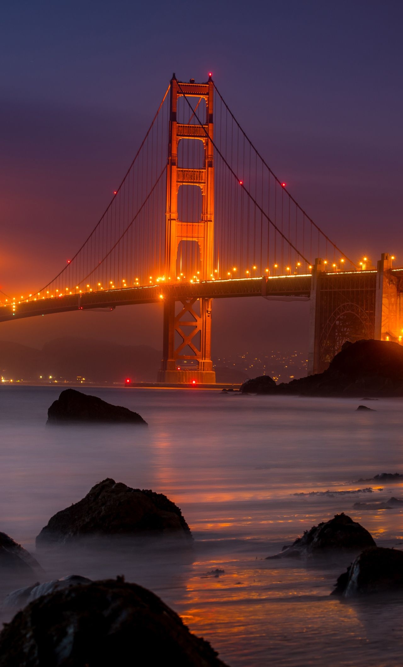 San Francisco: Golden Gate Bridge, Yellow lights, Night view. 1280x2120 HD Wallpaper.
