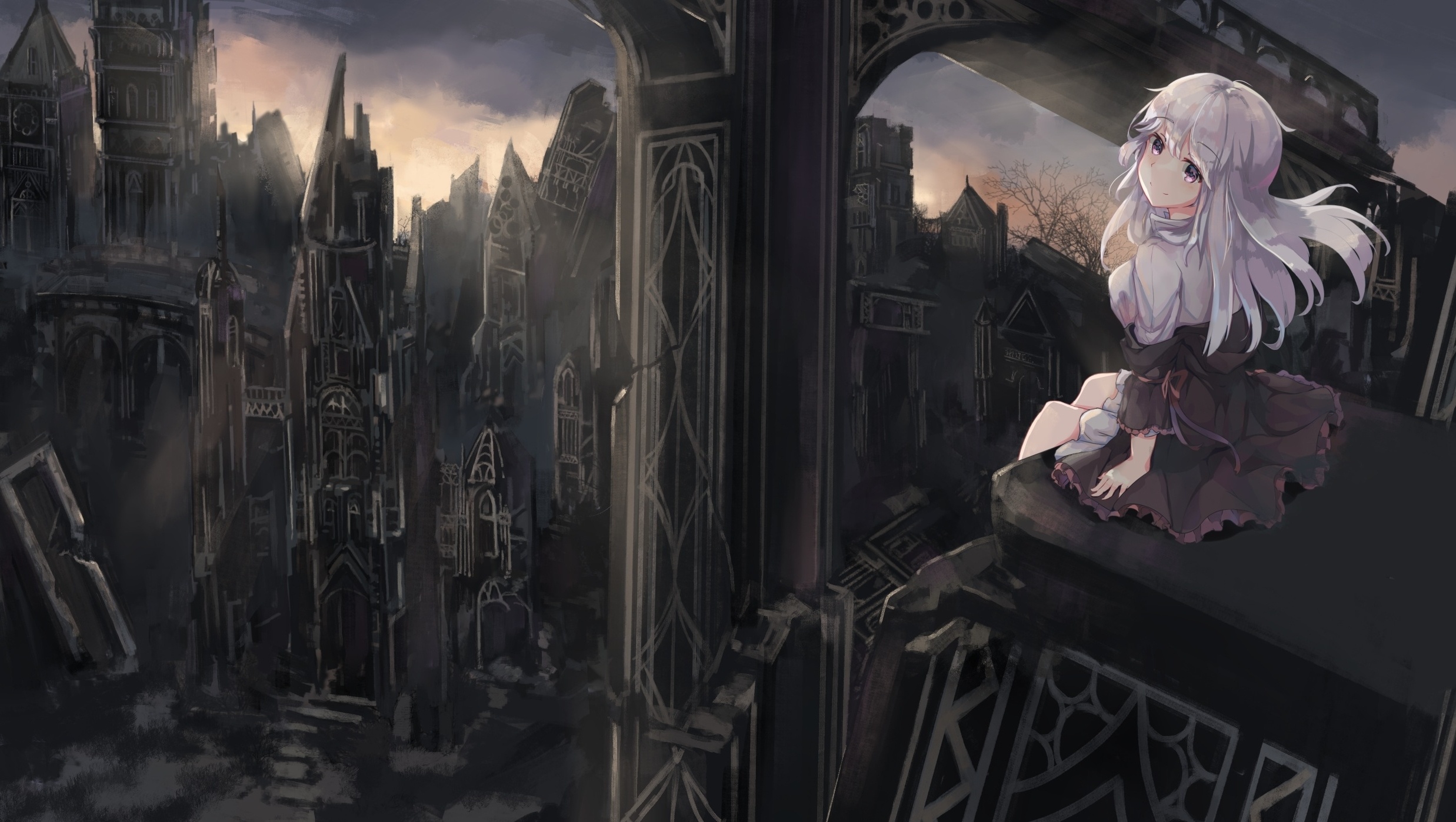 Gothic Anime: Grimdark city ruins, Depressing atmosphere, Visual art, Lonely girl. 2480x1400 HD Background.