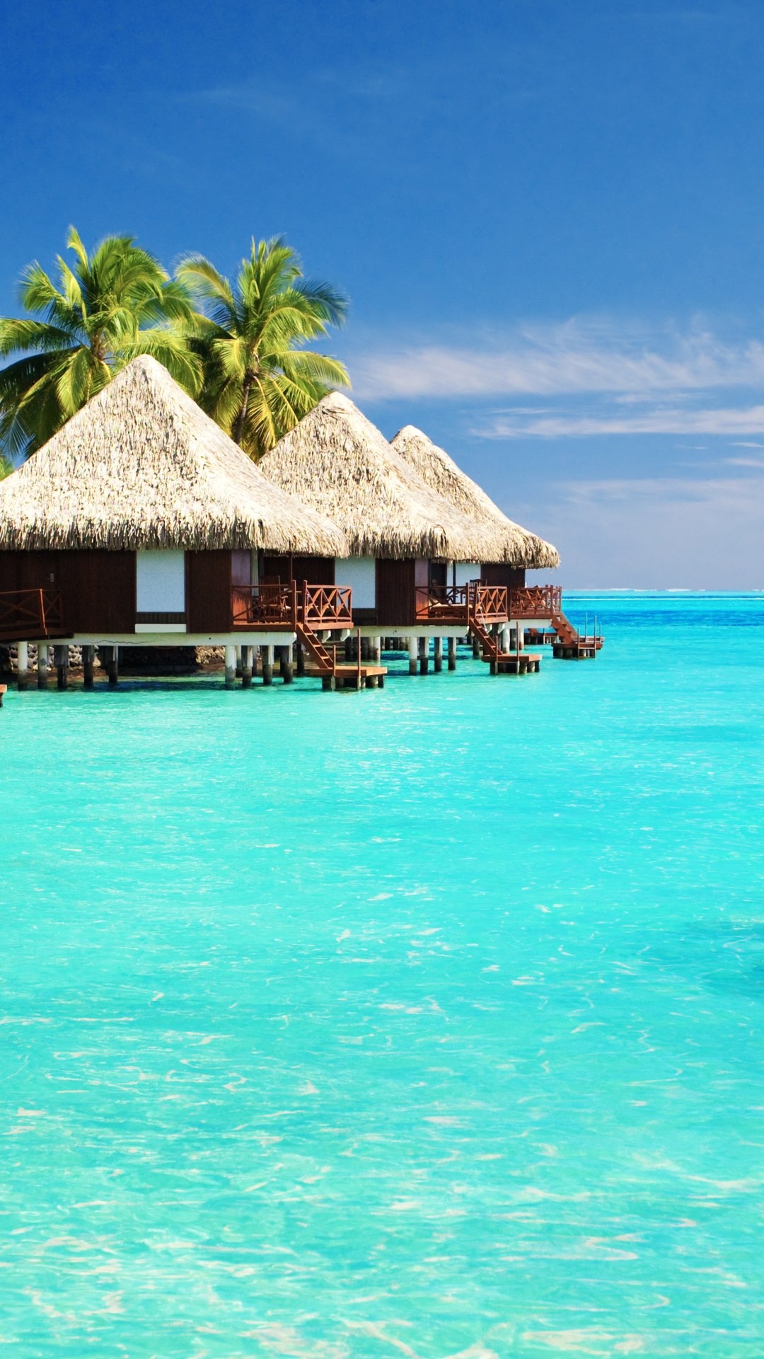 Bungalow: Small man-made tropical houses standing over the blue oceanic water. 1080x1920 Full HD Wallpaper.