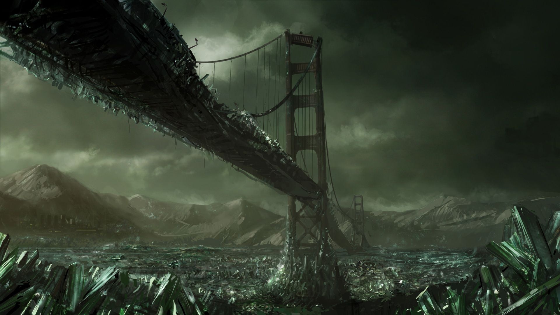 Gothic Art: Dark future, The Golden Gate Bridge, San Francisco Bay, Post-apocalyptic landscape, Destructions. 1920x1080 Full HD Background.