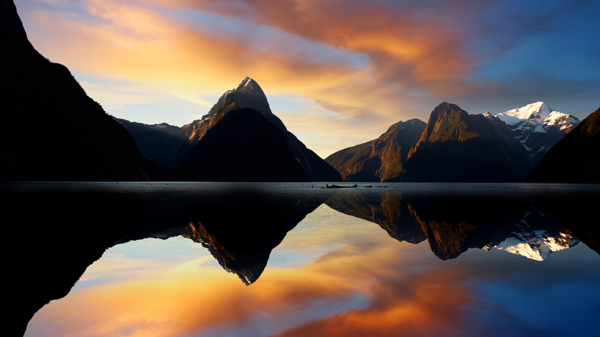 Sunset reflections at Milford Sound, Fiordland National Park, South Island, 1920x1080 Full HD Desktop