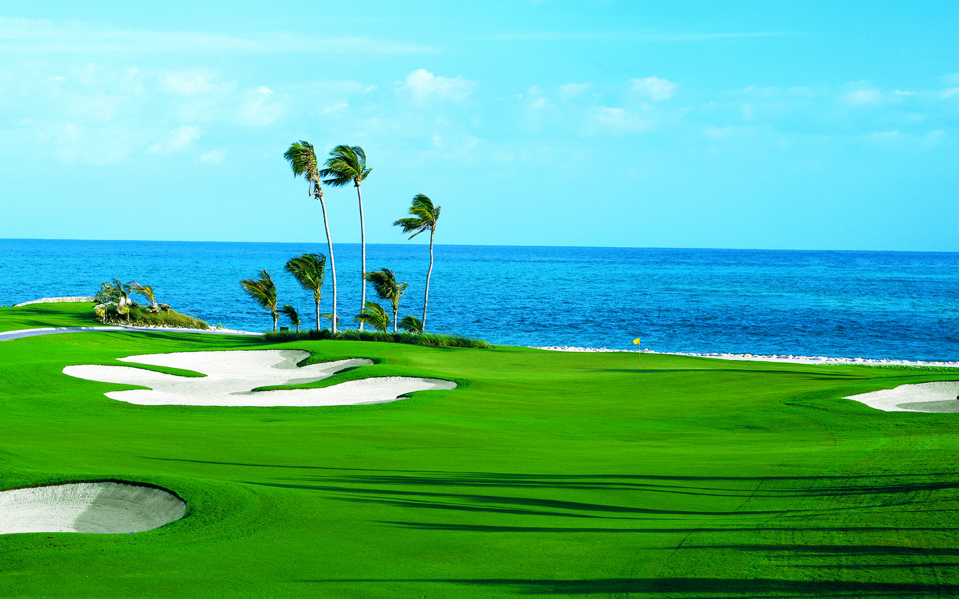Golf Course: Landscape, Bay, Water, Nature, Shore, Sand, Grass, Field, Coast, Palm trees, Windy, Ocean. 1920x1200 HD Background.