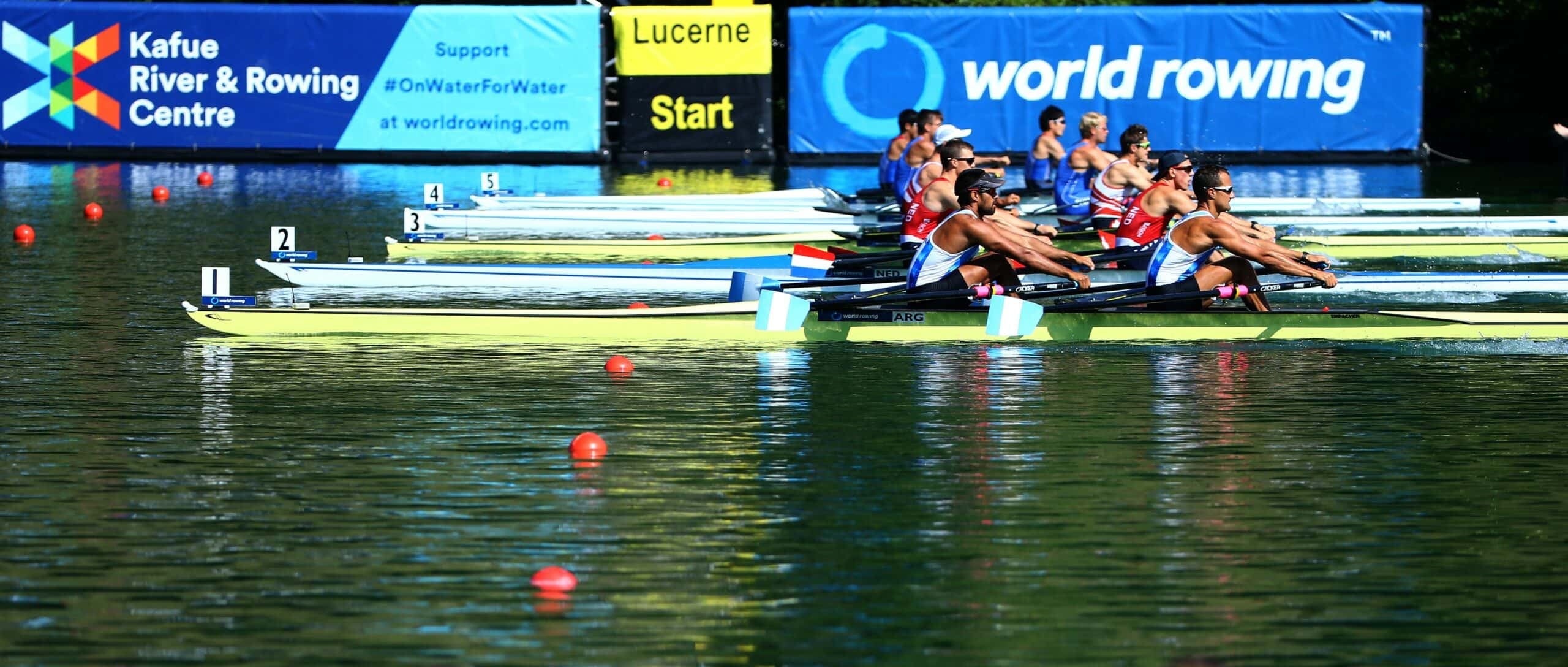 Rowing: The Men's Double Sculls event at the 2021 World Rowing Cup II, Water tournament in Lucerne. 2560x1090 Dual Screen Wallpaper.