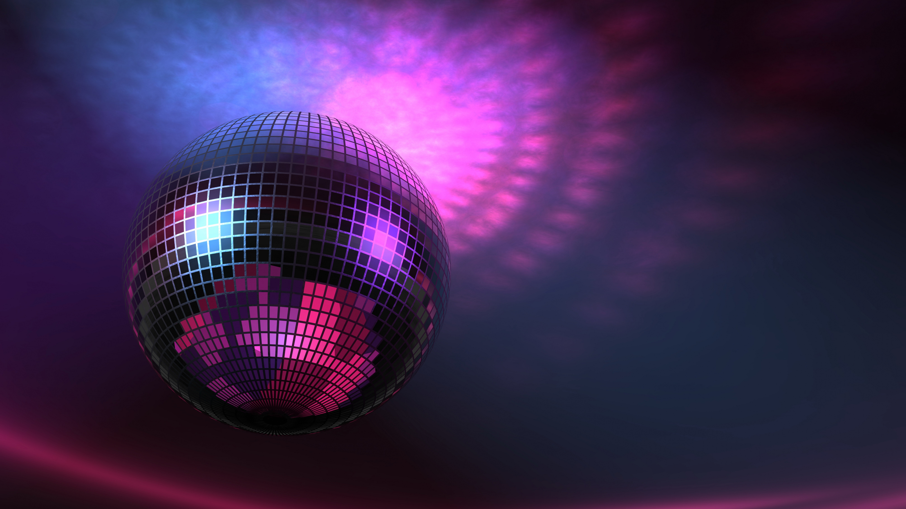 Disco: A mirror ball, A roughly spherical object reflecting light, Thousands of facets. 3840x2160 4K Background.
