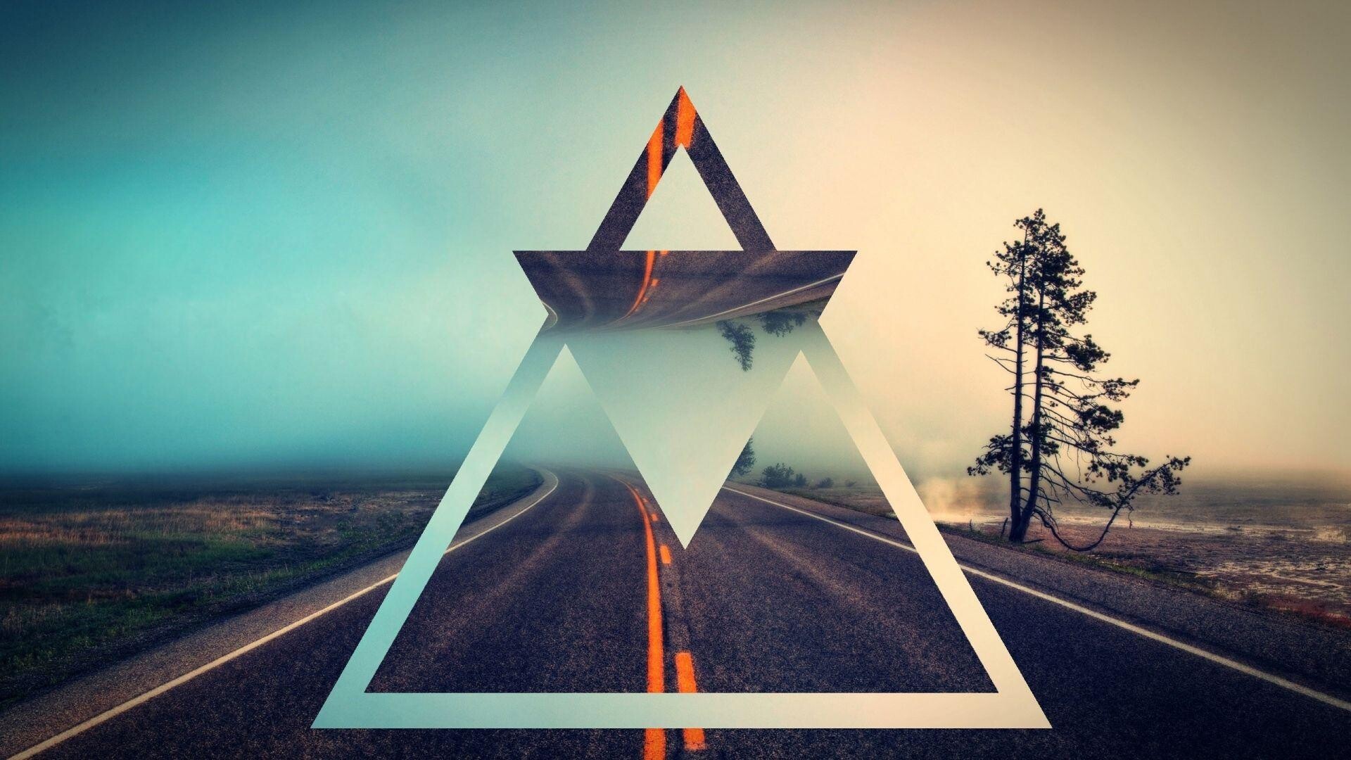 Triangle: Reflections, Symmetry, Foggy road, Acute angles. 1920x1080 Full HD Wallpaper.