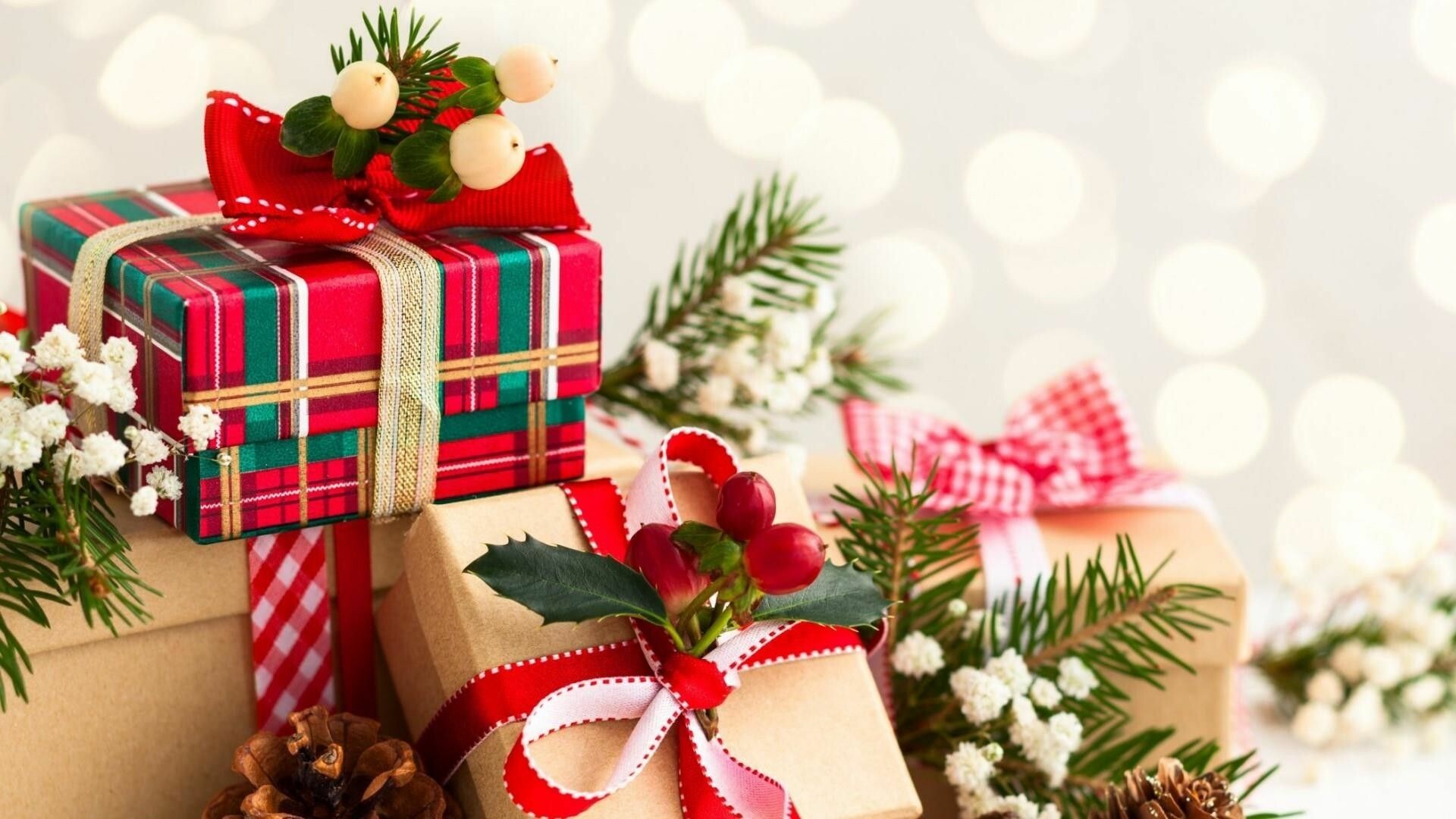Christmas Gifts: Presents, Delivers by Santa Claus under the holiday tree. 1920x1080 Full HD Wallpaper.
