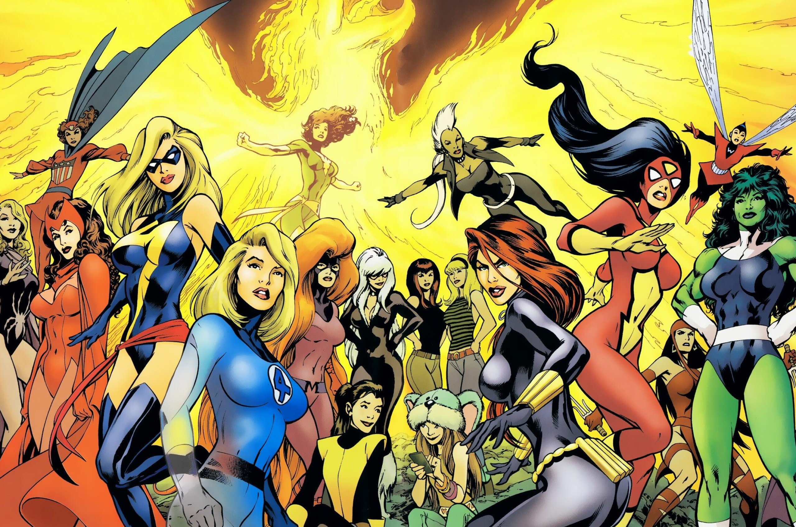 Marvel Girls: Spider-Woman, Scarlet Witch, Jean Grey/The Phoenix, She-Hulk, Felicia Hardy. 2560x1700 HD Background.