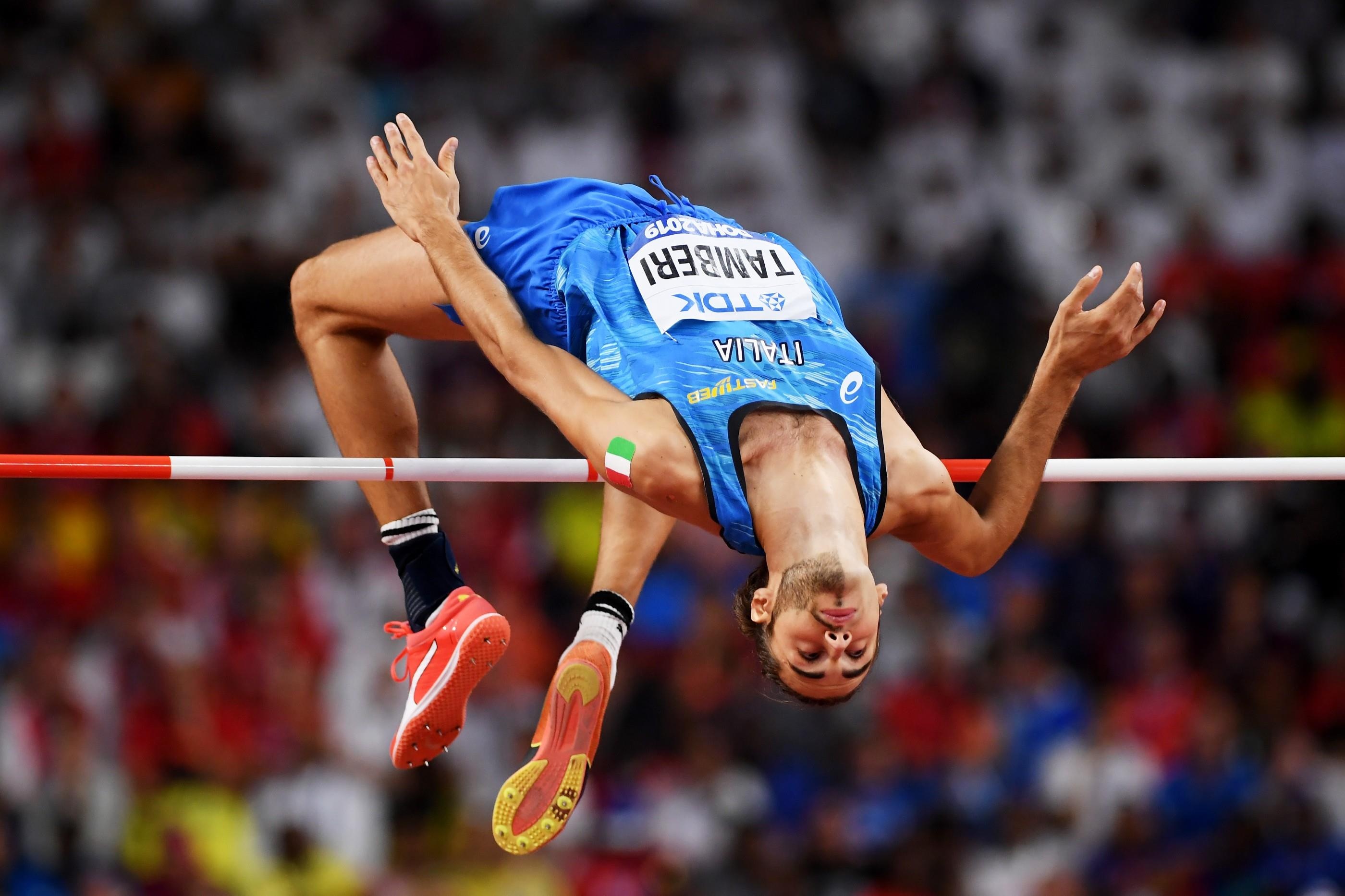 Jumping: High Jump, Gianmarco Tamberi, Track and field athletics, 2019 World Athletics Championships. 2800x1870 HD Background.