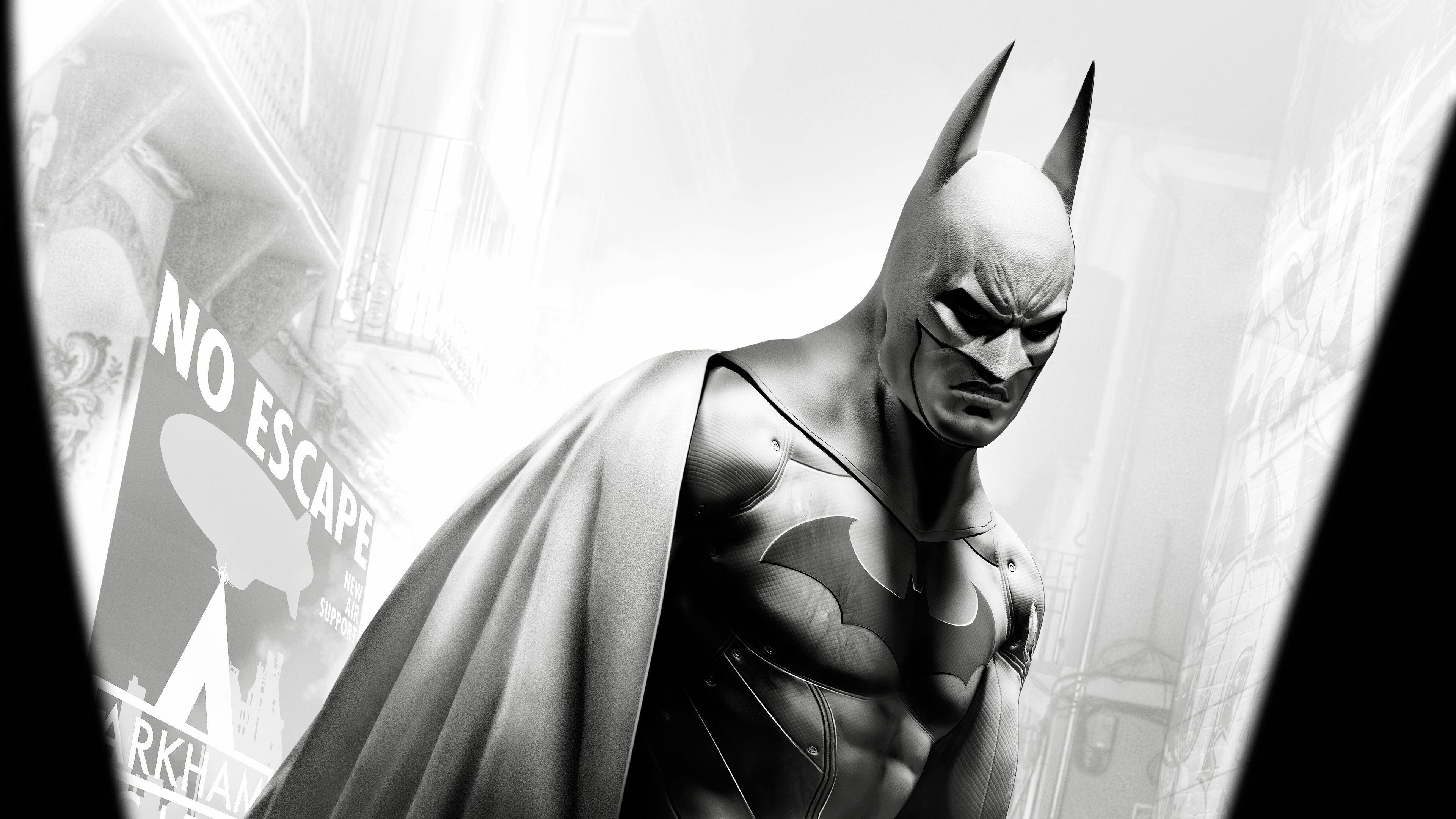 Batman: Arkham City: Arkham Knight, Superheroes, Monochrome, Bruce Wayne. 3840x2160 4K Background.