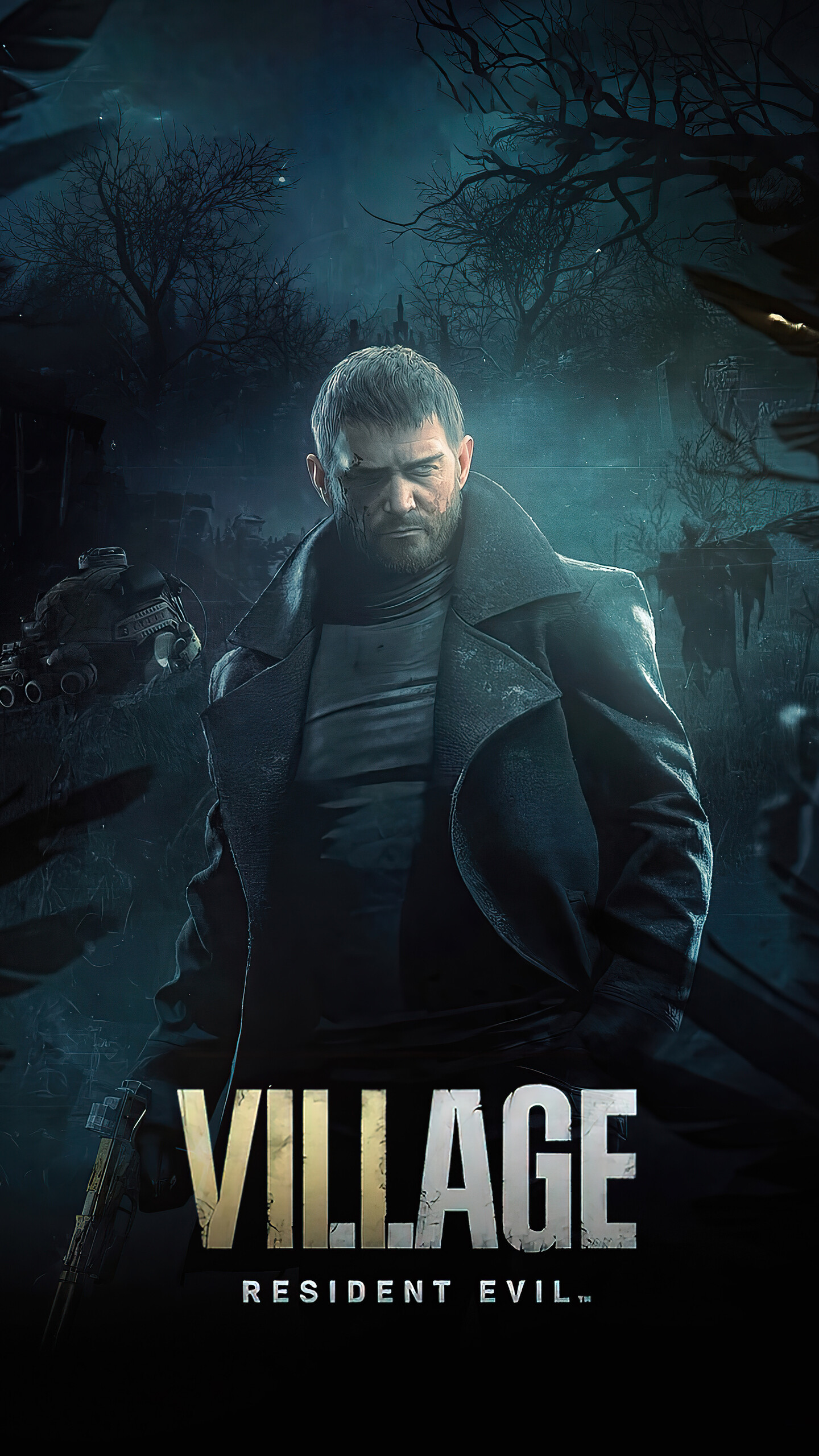 Resident Evil Village: A survival-horror action game in which players assume the role of a man searching for his missing daughter through a wintry village. 1440x2560 HD Background.