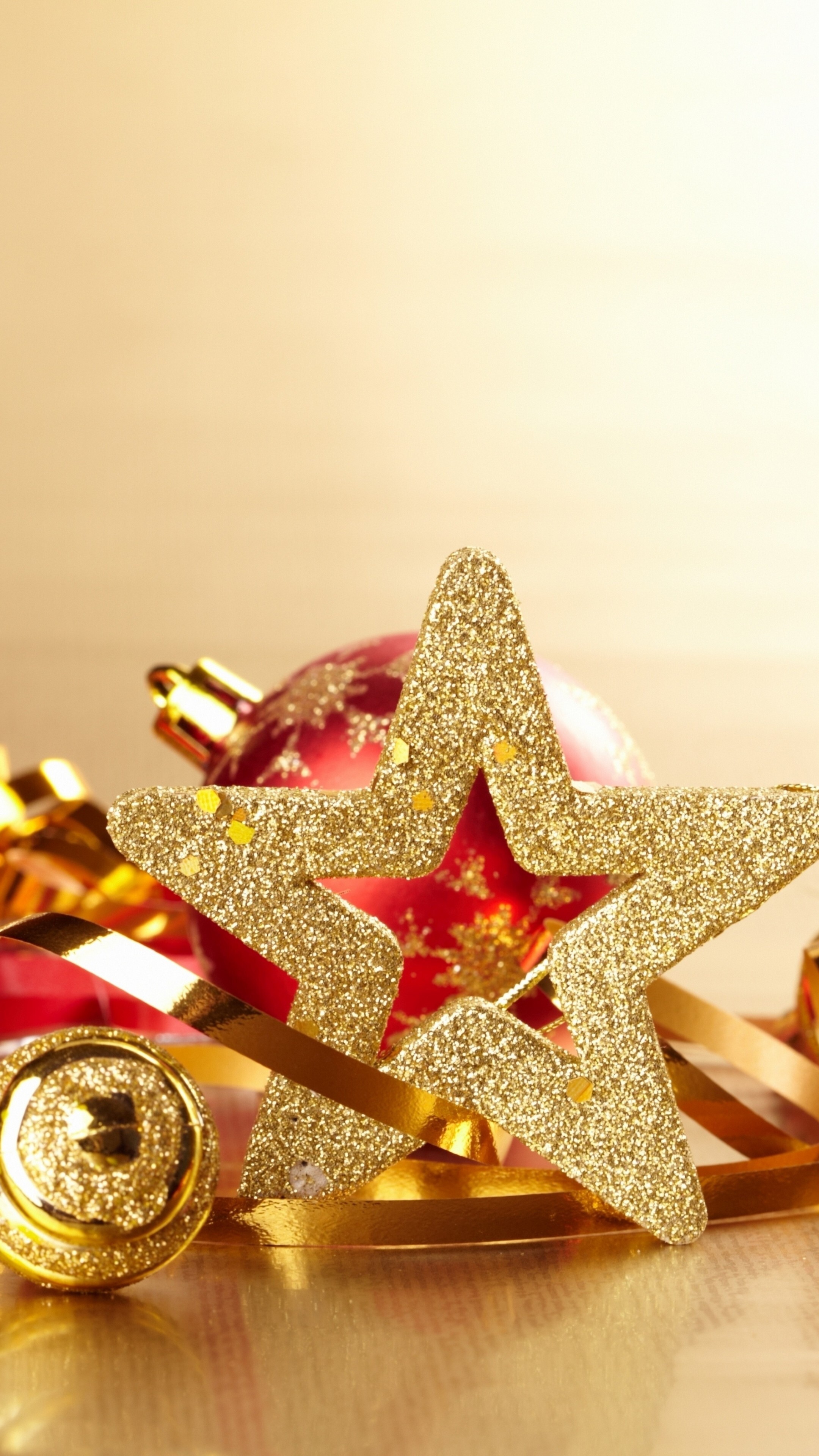 Gold Glitter: The decoration elements for a Christmas tree, Gilded Christmas ball and a star. 2160x3840 4K Wallpaper.