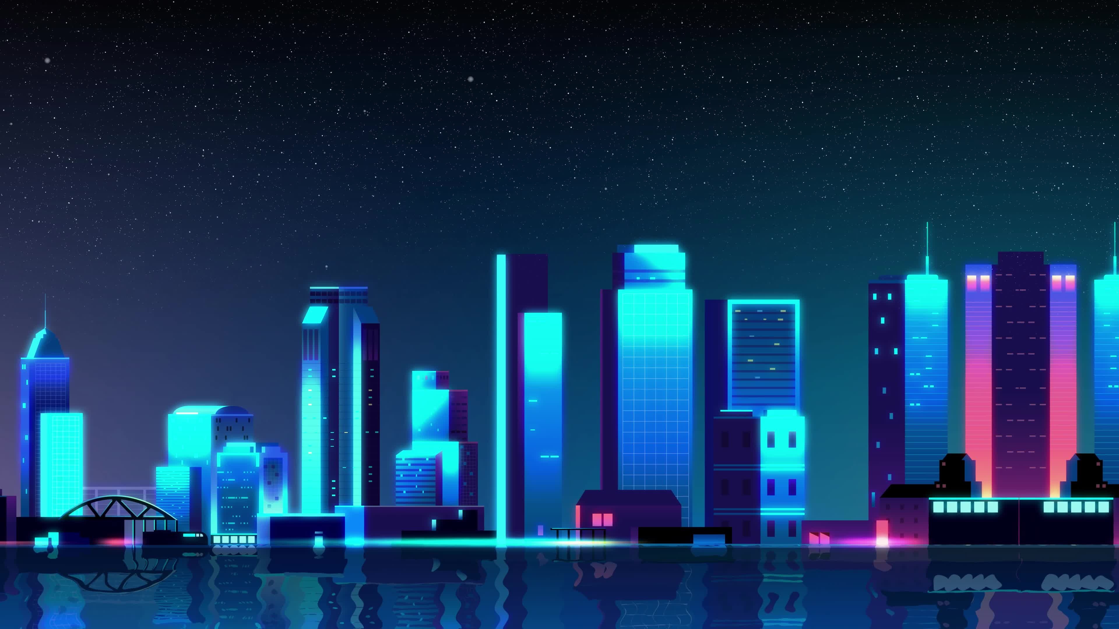 Neon Skyline, Looping vector art, Futuristic cityscape, Vibrant night scene, 3840x2160 4K Desktop