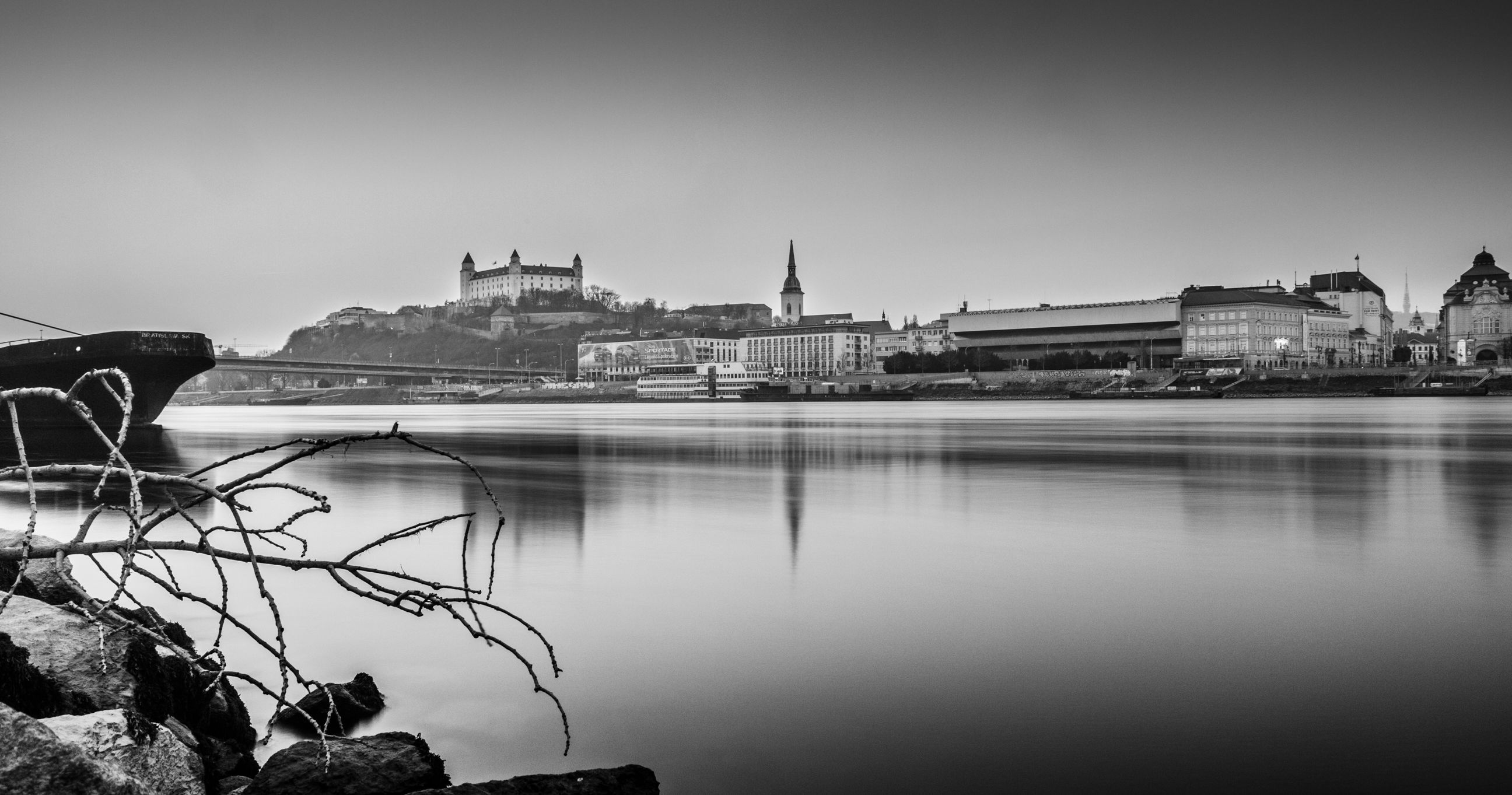 Bratislava, Monochrome photography, River Danube, Reflection, 2600x1370 HD Desktop