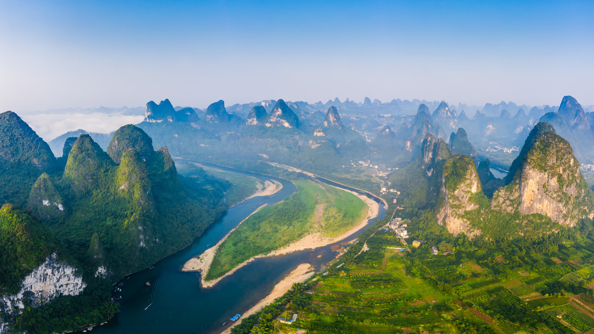 Aerial view of karst mountains, Li River beauty, Windows 10 spotlight, China's wonders, 1920x1080 Full HD Desktop