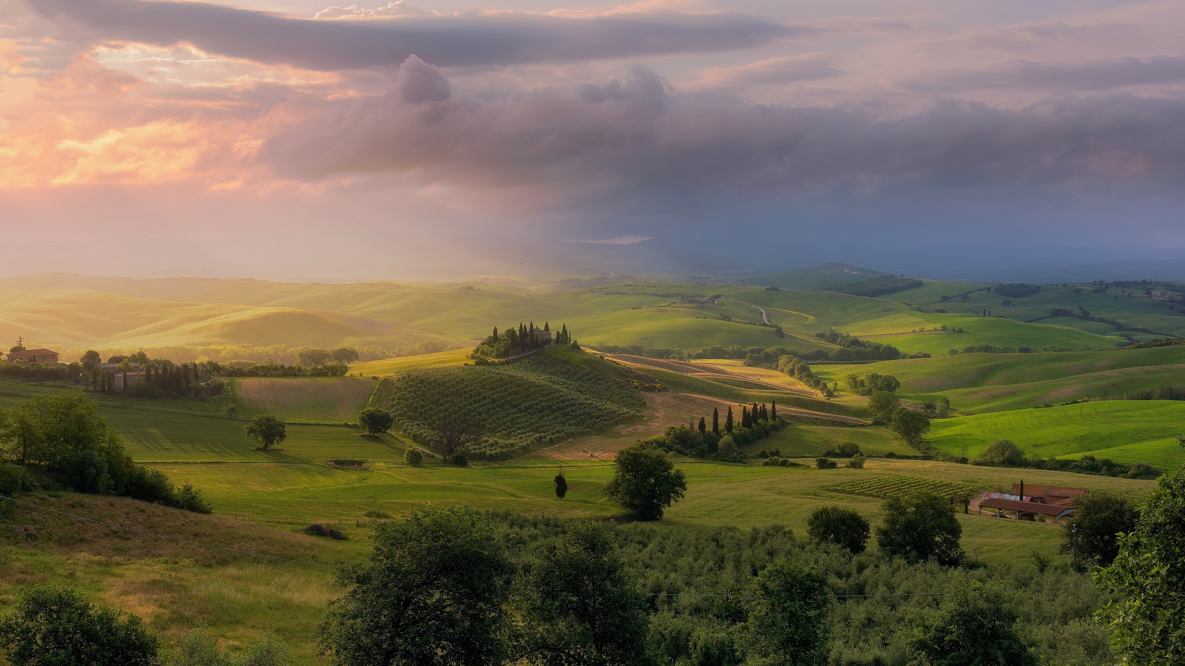 Sky nature hills, Beautiful haze, Tuscan meadows, Cypress trees, 3840x2160 4K Desktop