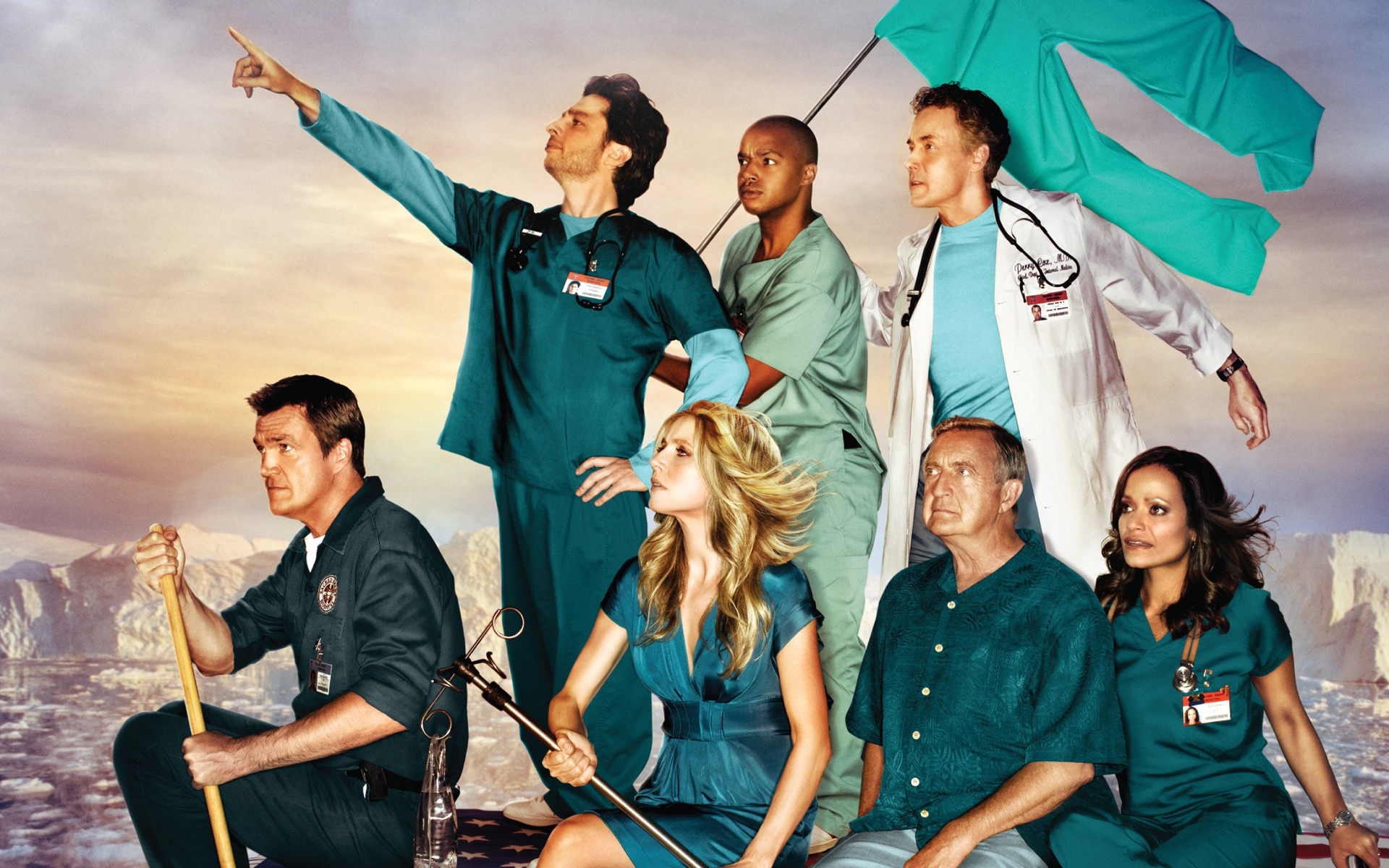 Scrubs (TV Series): Elliot Reid, Robert “Bob” Kelso, Percival “Perry” Cox, Carla Espinosa, The “Janitor”. 1920x1200 HD Wallpaper.