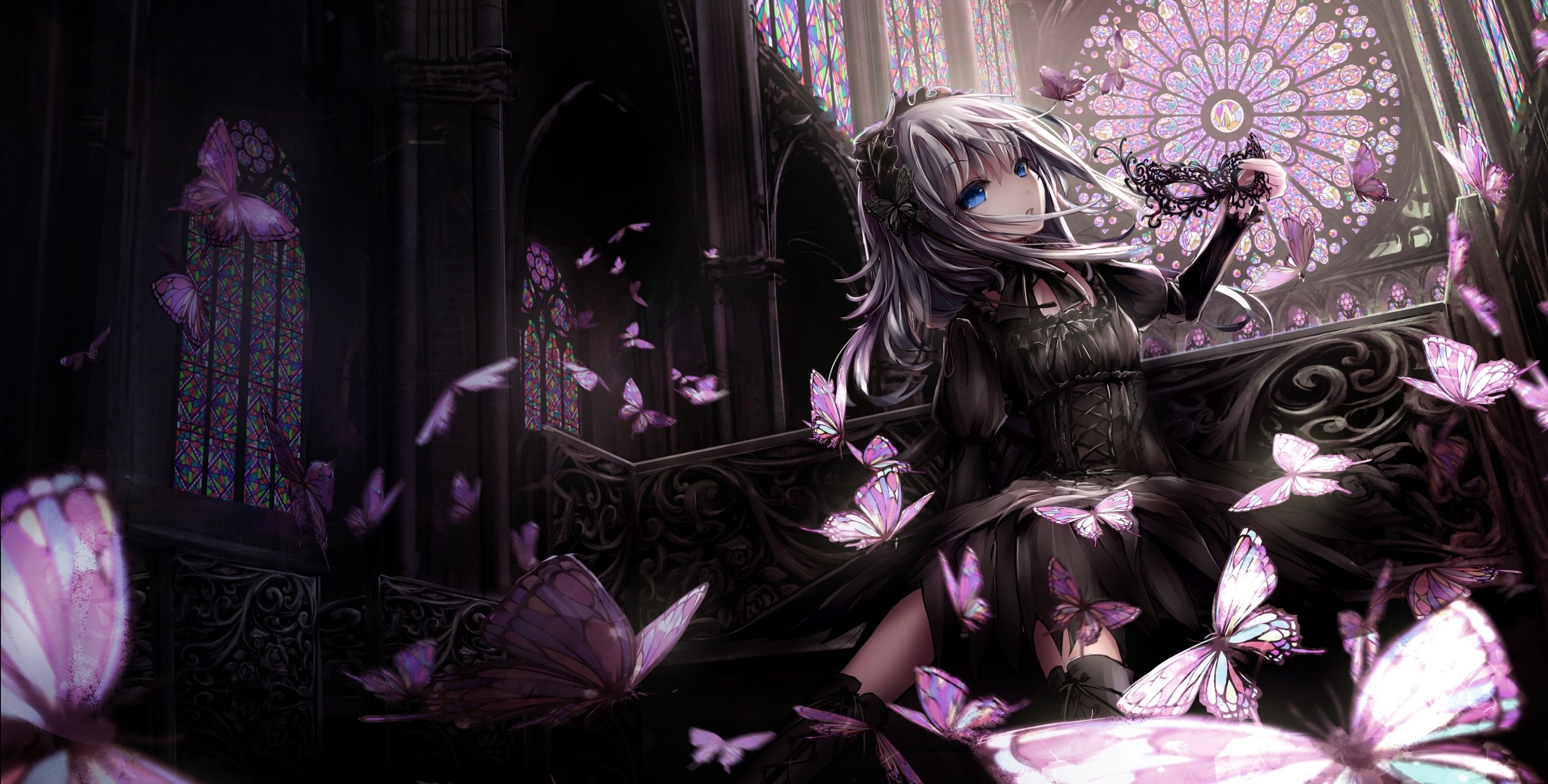 Goth Girl: Artwork, Japanese anime character, Gothic Lolita style, Temple. 3520x1790 HD Background.