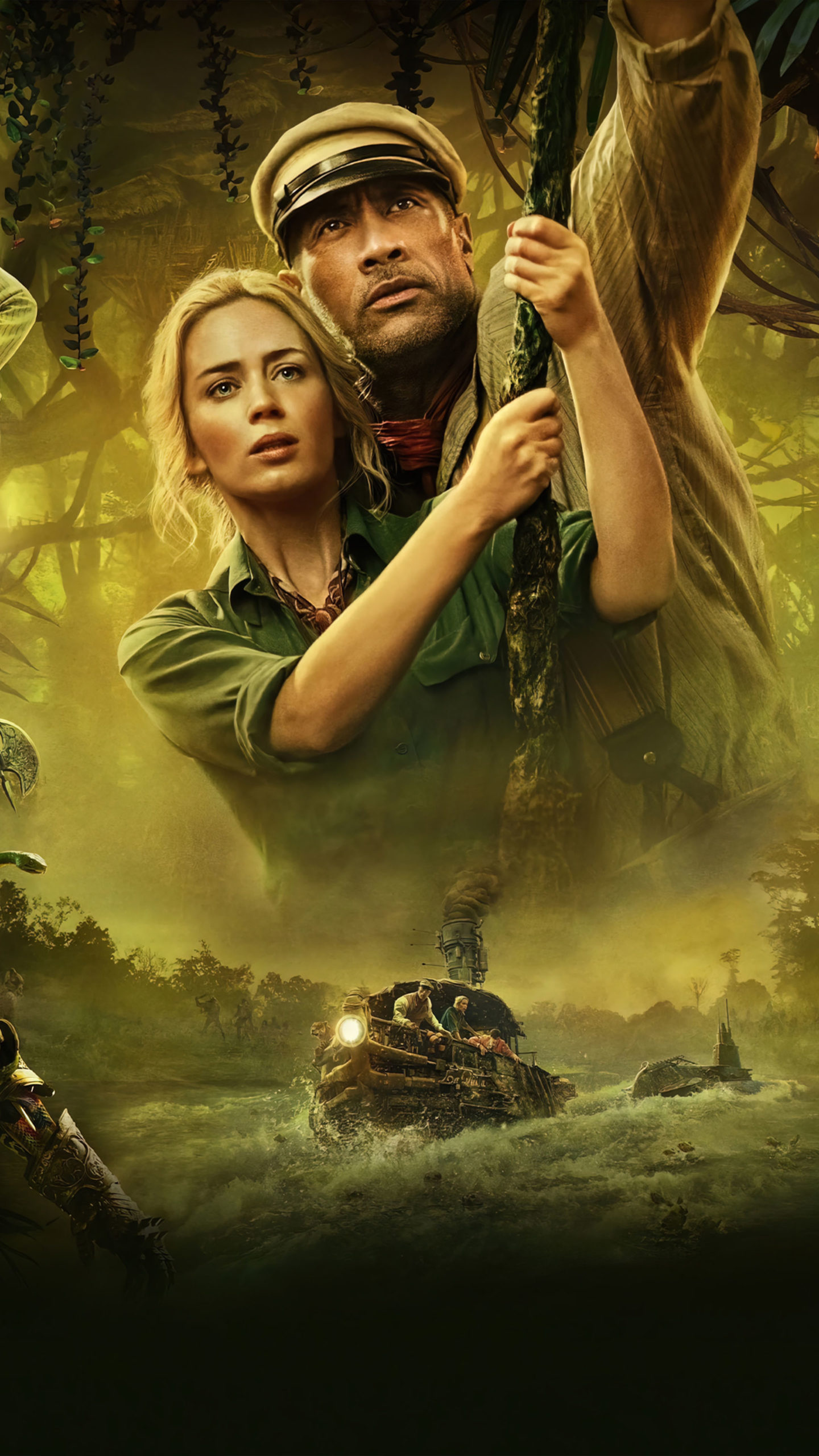 Dwayne Johnson and Emily Blunt in Jungle Cruise, 4K Ultra HD, Mobile wallpaper, Epic duo, 1440x2560 HD Handy