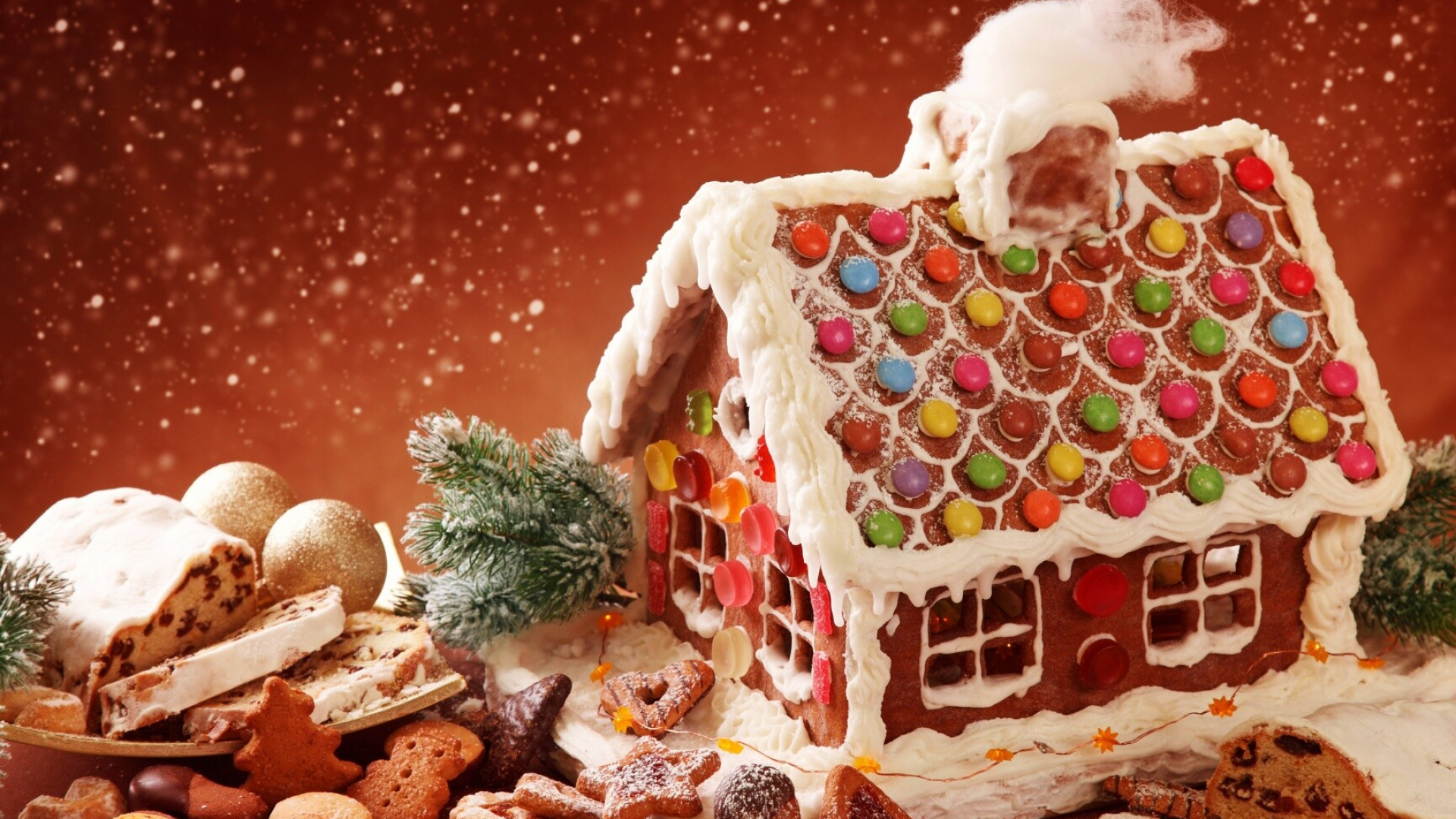 Gingerbread House: Spellbinding constructions, Gumdrops, M&Ms, A coating of powdered sugar snow. 1920x1080 Full HD Wallpaper.
