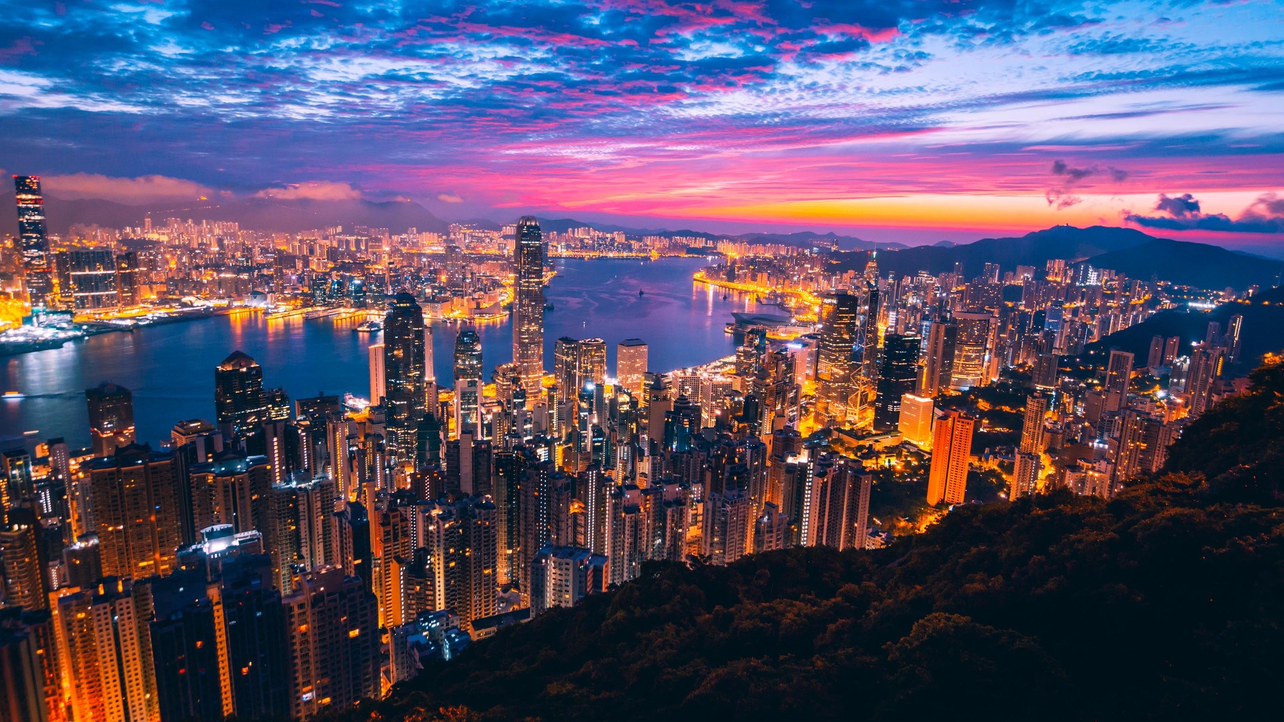 Hong Kong Skyline, Travels, City lights, Night photography, 2560x1440 HD Desktop