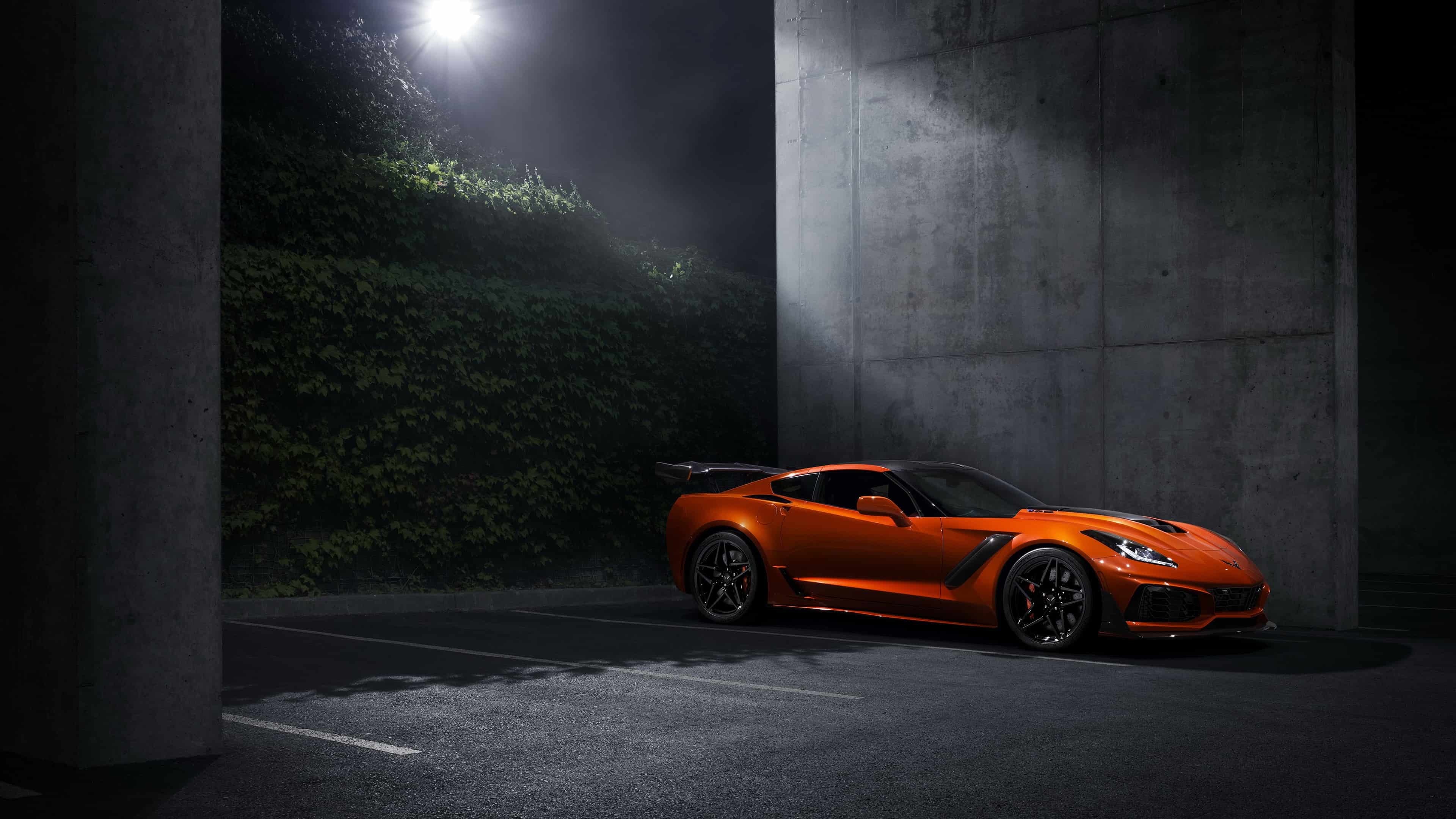 Corvette: Orange ZR1, Rear spoiler, A high-performance version of Z06, Designed for racing. 3840x2160 4K Background.