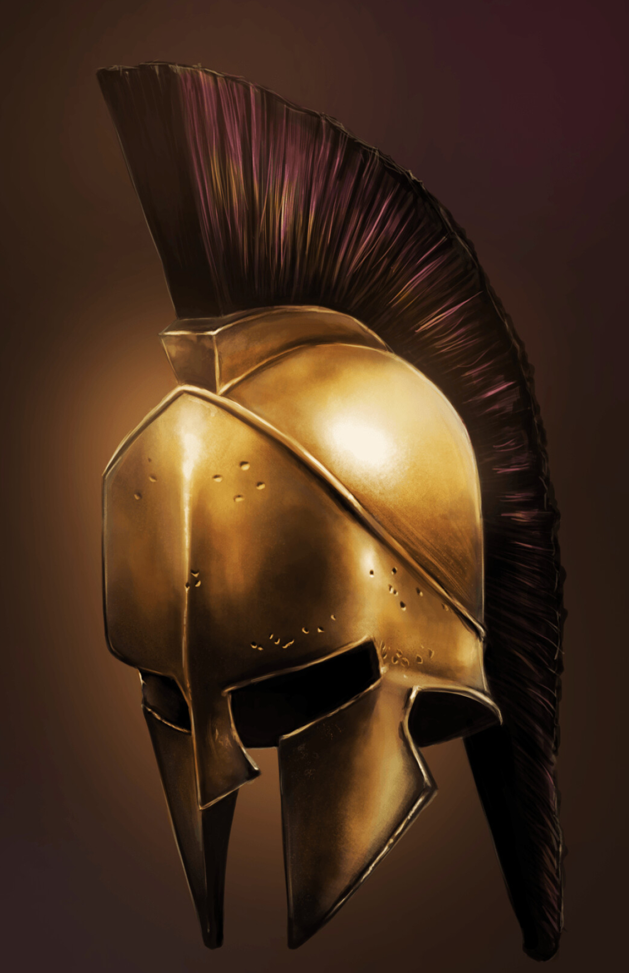 Sparta: Fan art of a golden Spartan helmet, The Imperial helmet-type modernized by ancient Greeks, Metal helmet, Metal armor. 1280x1980 HD Wallpaper.