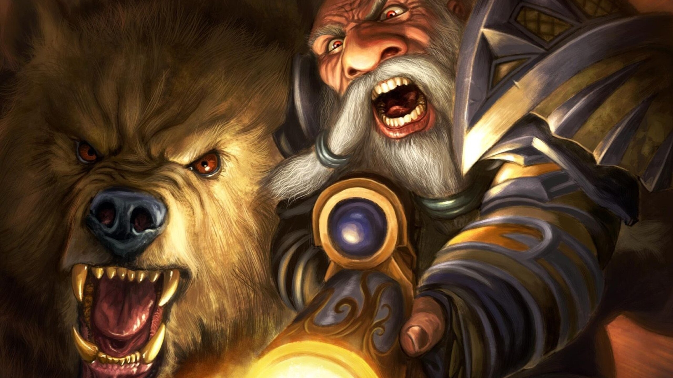Dwarf: World of Warcraft, Bear hunter, Mythical creature. 2560x1440 HD Background.